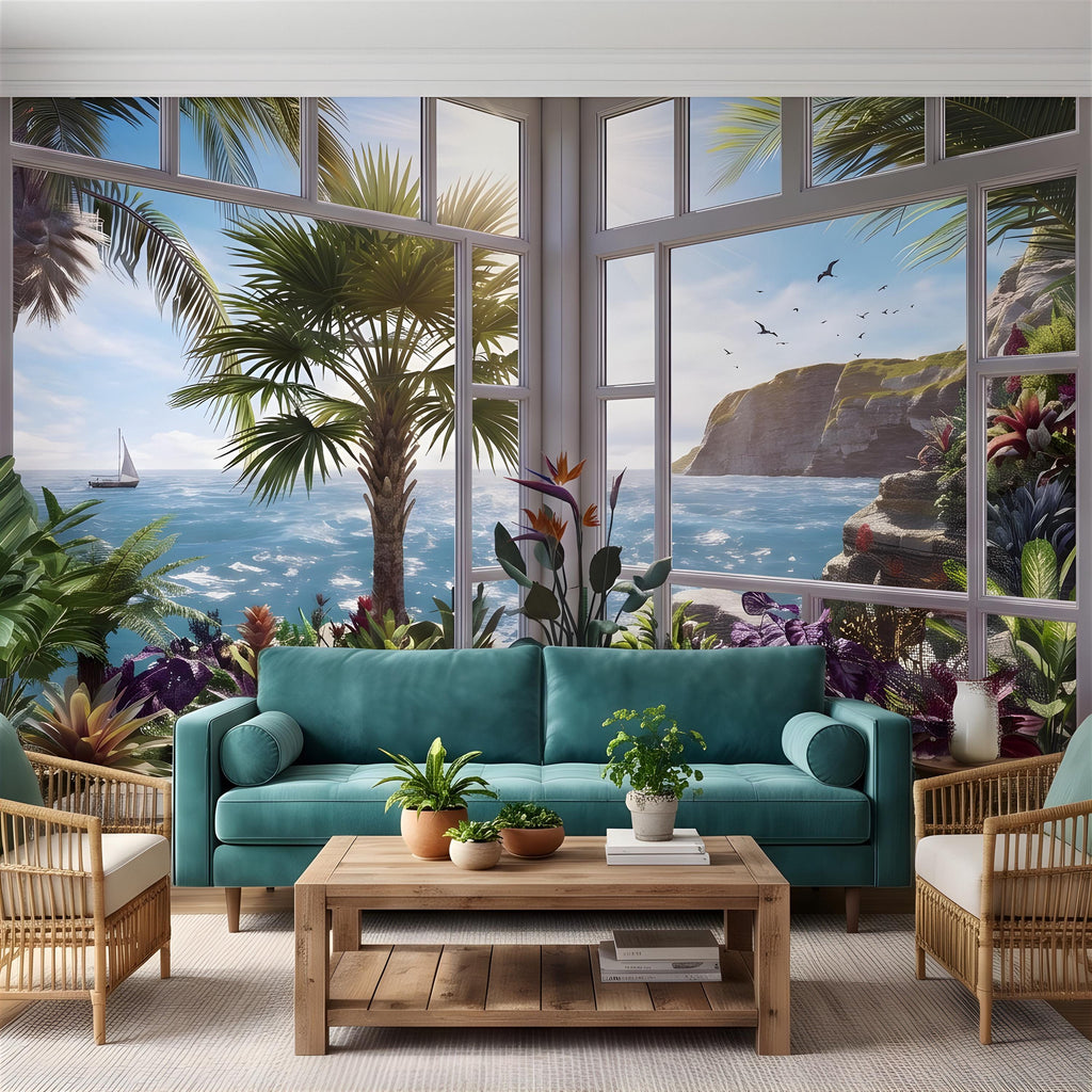 Tropical Ocean Window View Peel and Stick Wall Mural, Coastal Palm Paradise, Exotic Island Cliffs, Panoramic Seascape Wallpaper