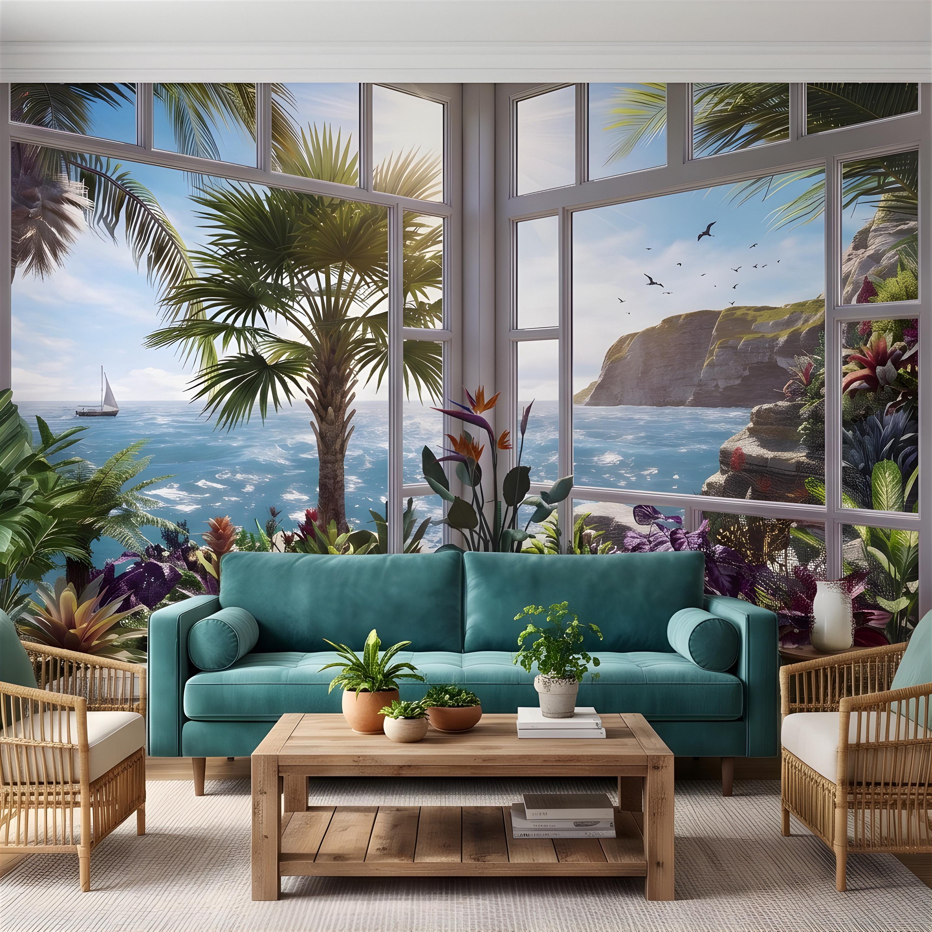Tropical Ocean Window View Peel and Stick Wall Mural, Coastal Palm Paradise, Exotic Island Cliffs, Panoramic Seascape Wallpaper