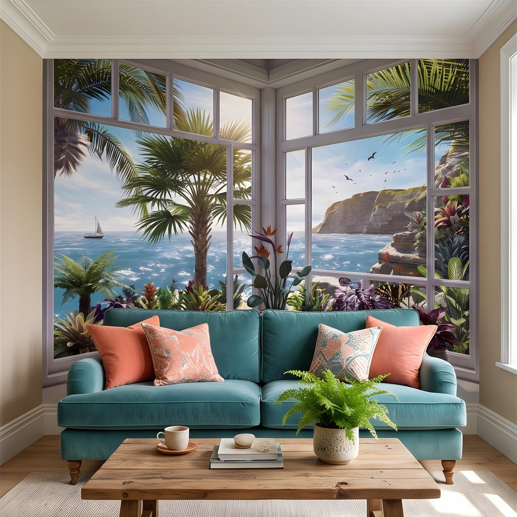 Tropical Ocean Window View Peel and Stick Wall Mural, Coastal Palm Paradise, Exotic Island Cliffs, Panoramic Seascape Wallpaper