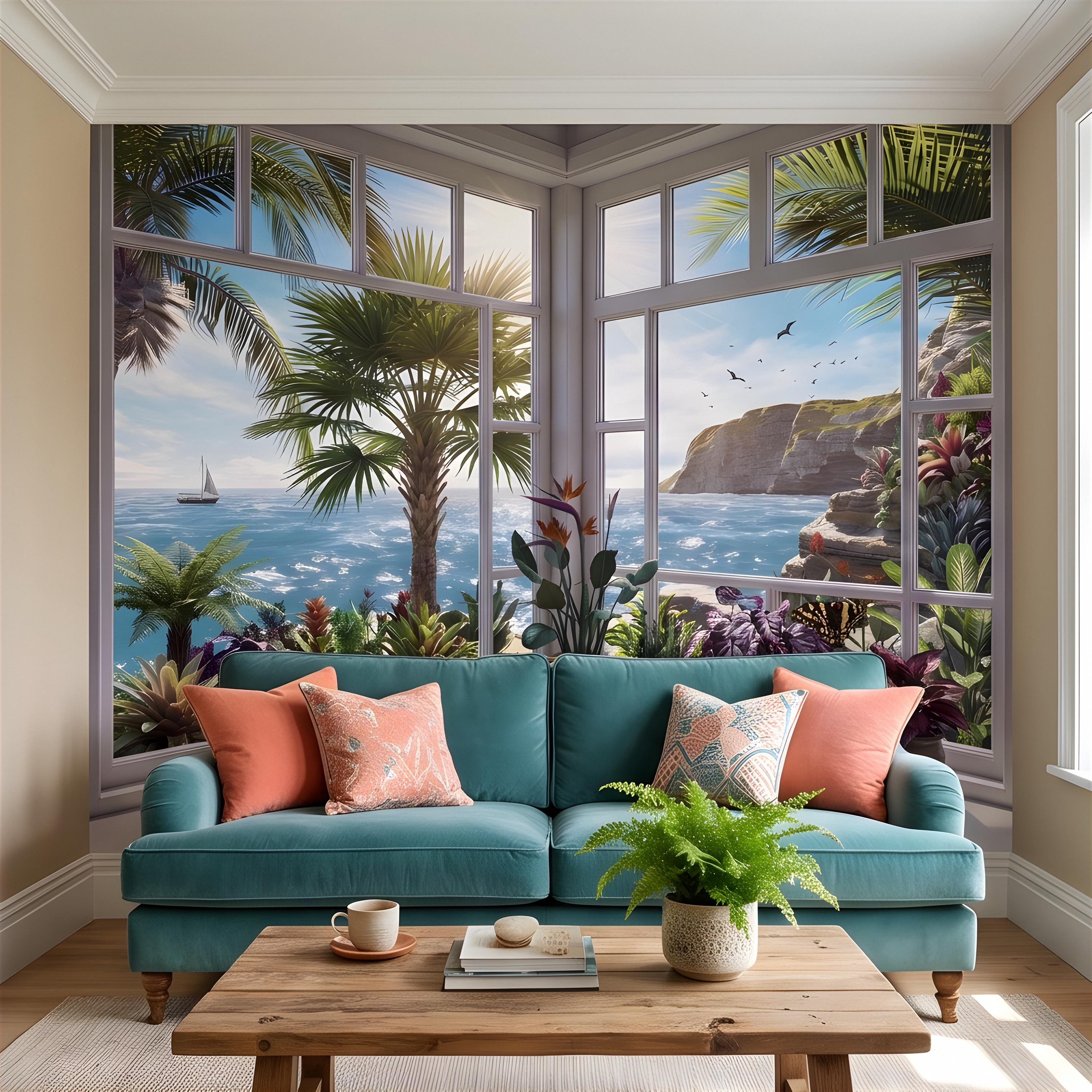 Tropical Ocean Window View Peel and Stick Wall Mural, Coastal Palm Paradise, Exotic Island Cliffs, Panoramic Seascape Wallpaper