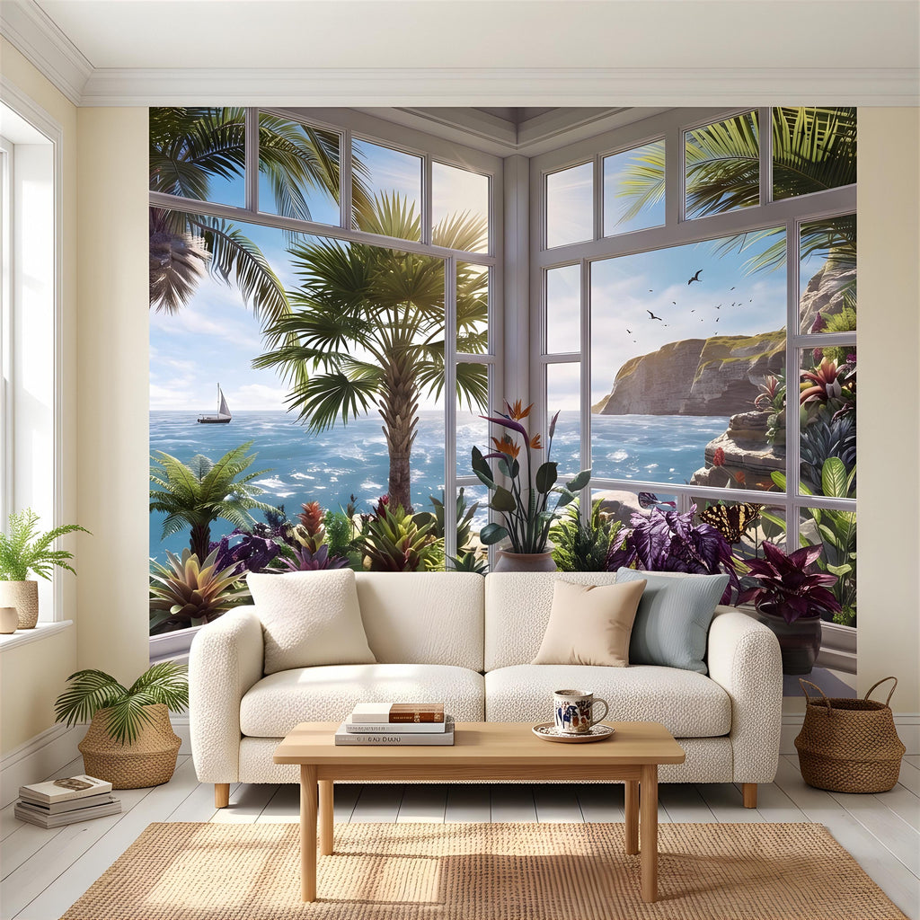 Tropical Ocean Window View Peel and Stick Wall Mural, Coastal Palm Paradise, Exotic Island Cliffs, Panoramic Seascape Wallpaper