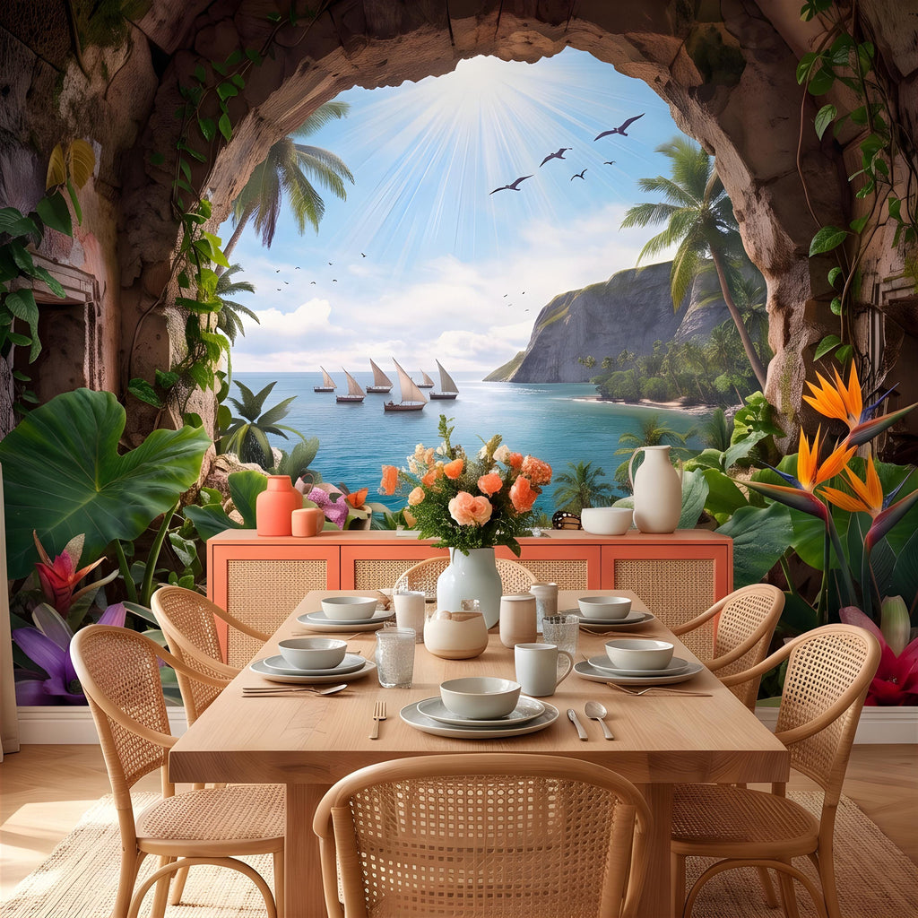 Tropical Cave Window Peel and Stick Wall Mural, Exotic Island Lagoon View, Palm Paradise Coastline, Coastal Escape Wallpaper