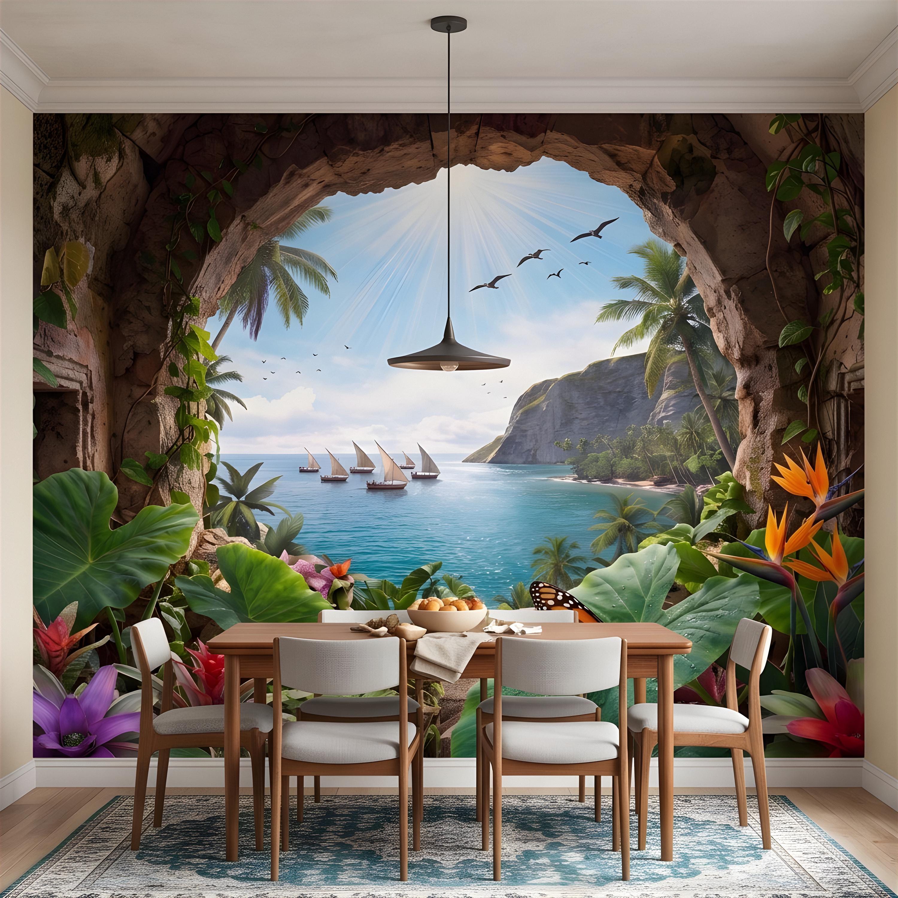 Tropical Cave Window Peel and Stick Wall Mural, Exotic Island Lagoon View, Palm Paradise Coastline, Coastal Escape Wallpaper