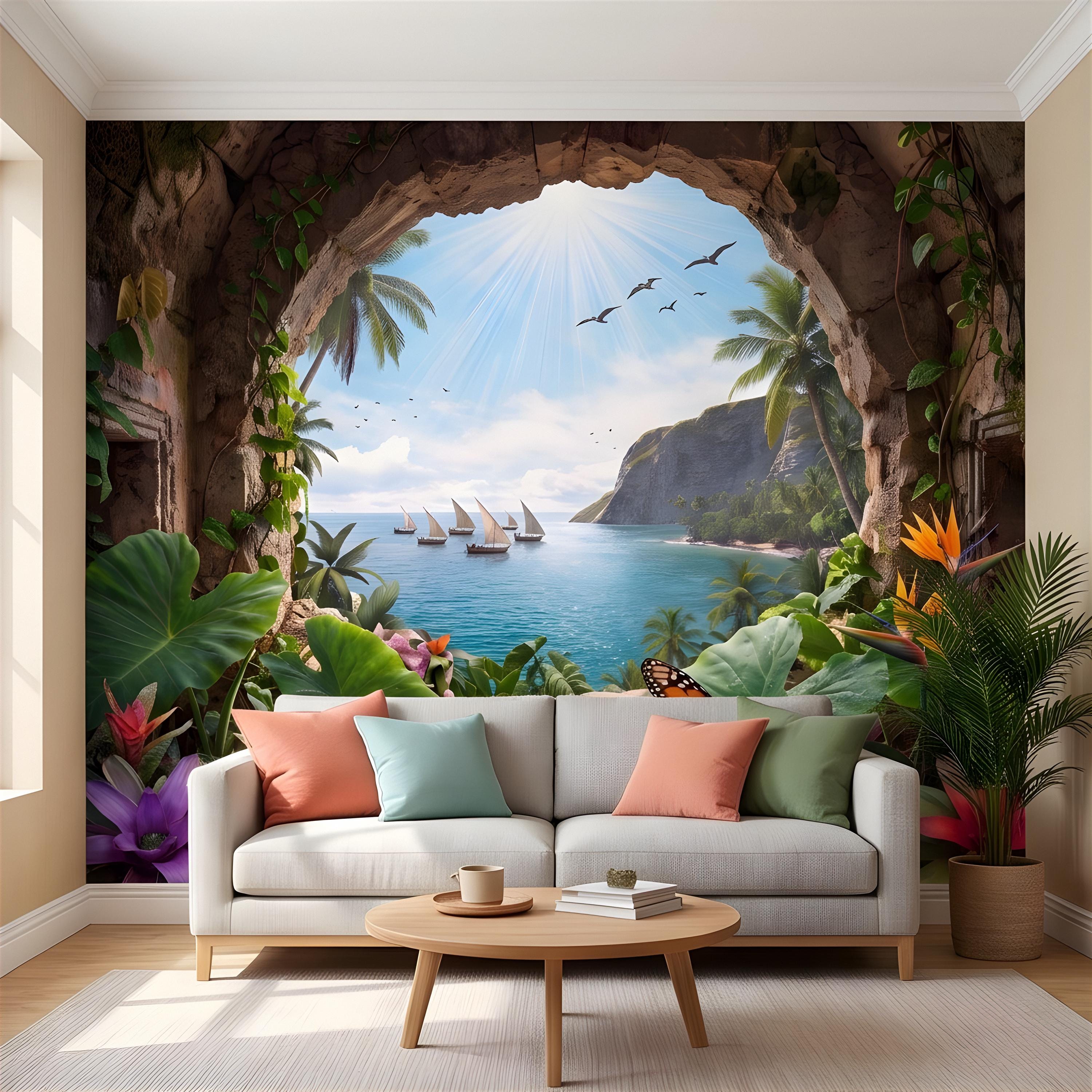 Tropical Cave Window Peel and Stick Wall Mural, Exotic Island Lagoon View, Palm Paradise Coastline, Coastal Escape Wallpaper