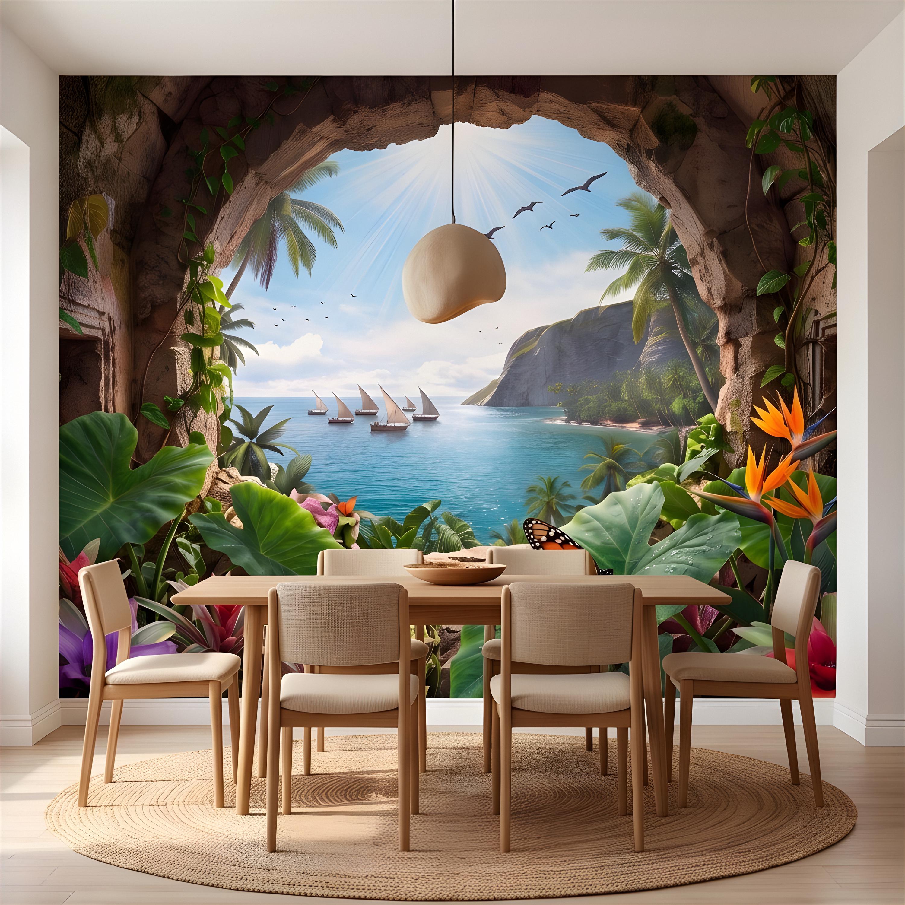 Tropical Cave Window Peel and Stick Wall Mural, Exotic Island Lagoon View, Palm Paradise Coastline, Coastal Escape Wallpaper