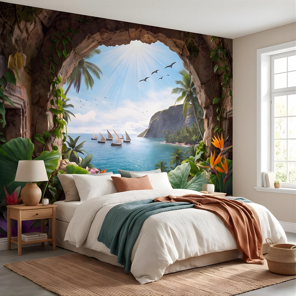 Tropical Cave Window Peel and Stick Wall Mural, Exotic Island Lagoon View, Palm Paradise Coastline, Coastal Escape Wallpaper