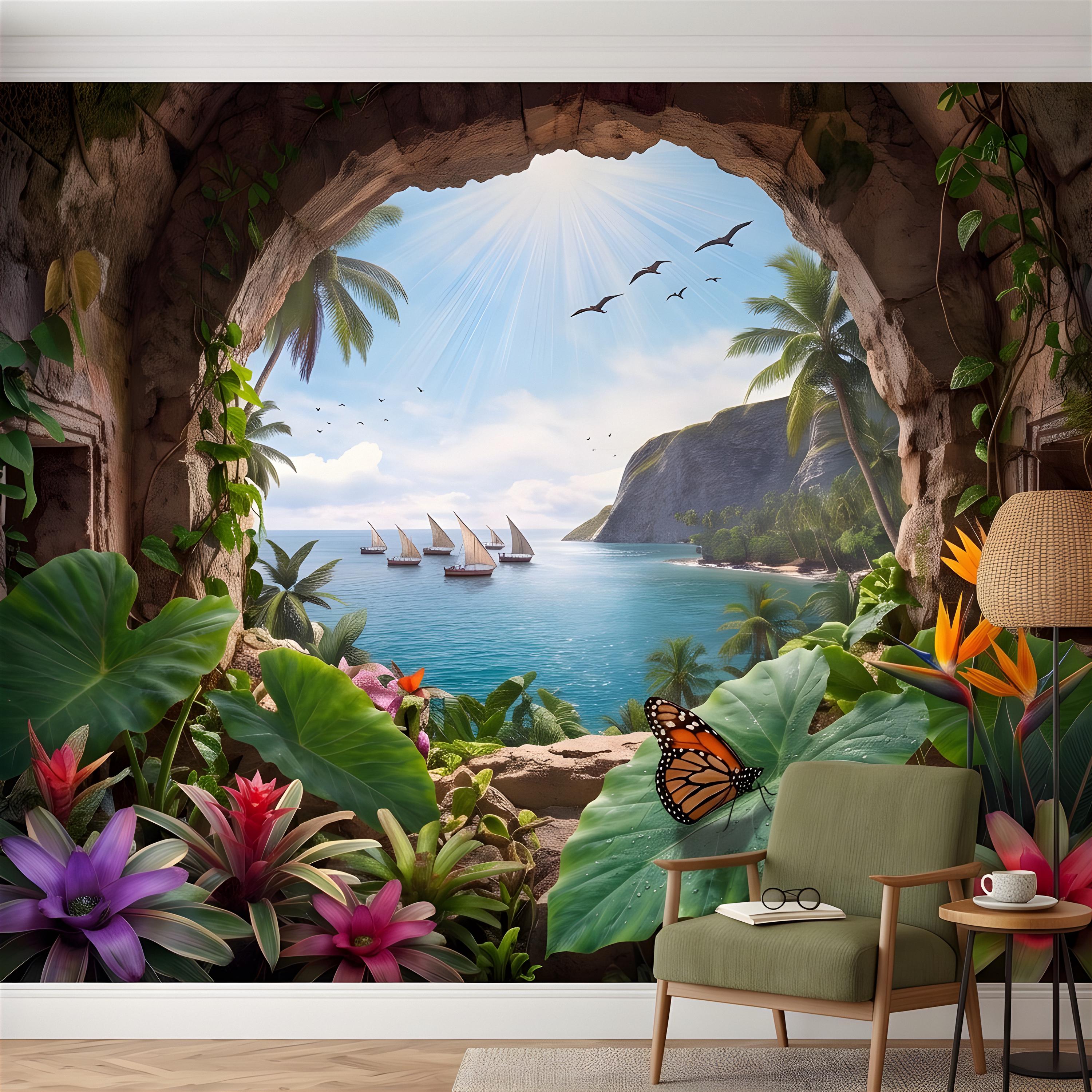 Tropical Cave Window Peel and Stick Wall Mural, Exotic Island Lagoon View, Palm Paradise Coastline, Coastal Escape Wallpaper