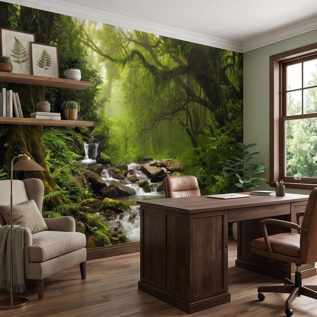 Rainforest Waterfall Peel and Stick Wall Mural, Tropical Forest Stream Lush Jungle Landscape Wallpaper