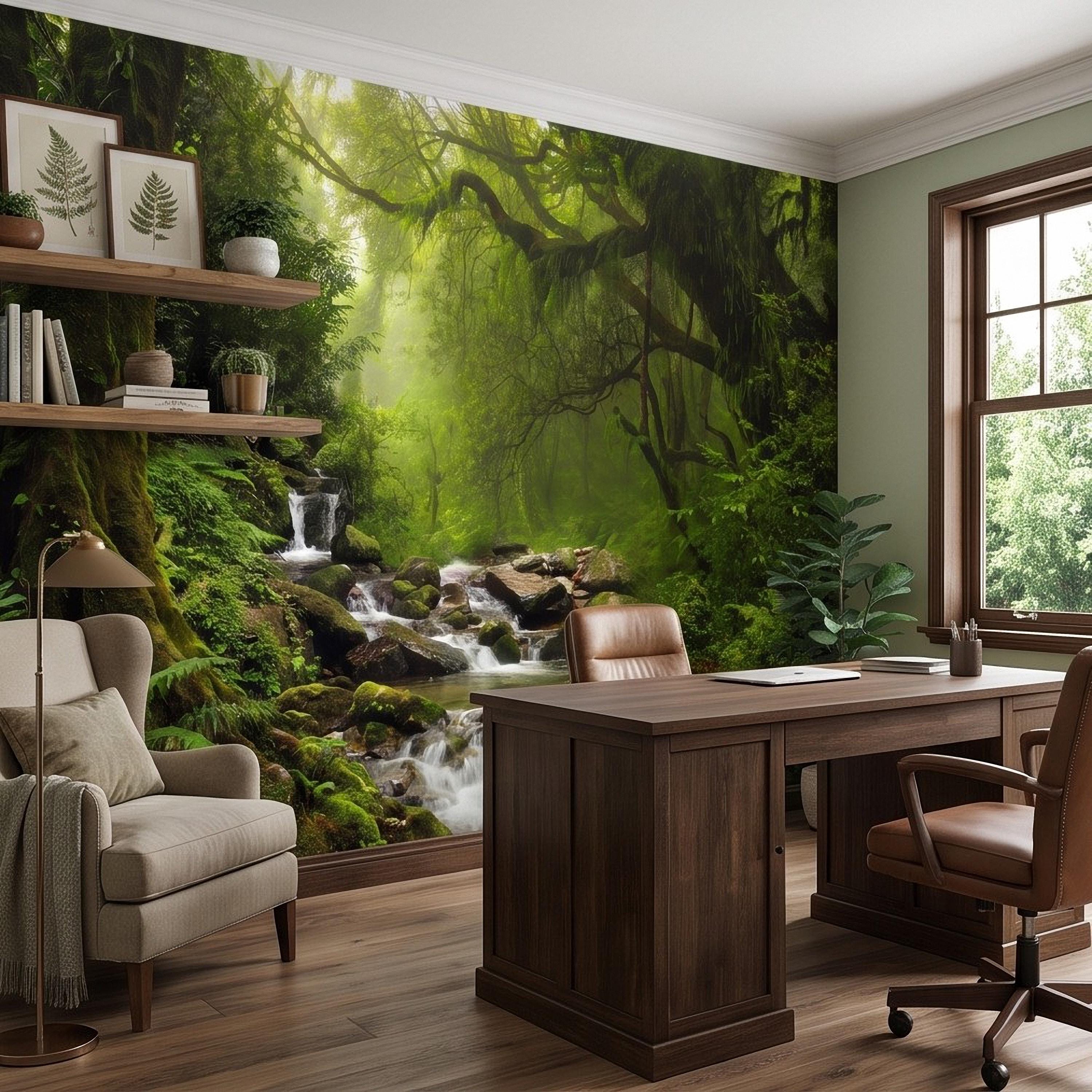 Rainforest Waterfall Peel and Stick Wall Mural, Tropical Forest Stream Lush Jungle Landscape Wallpaper