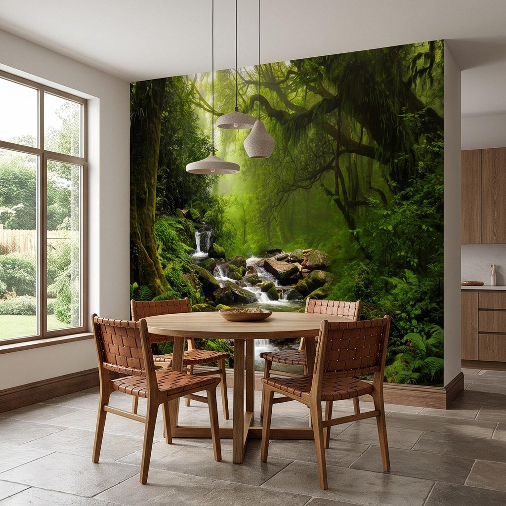 Rainforest Waterfall Peel and Stick Wall Mural, Tropical Forest Stream Lush Jungle Landscape Wallpaper