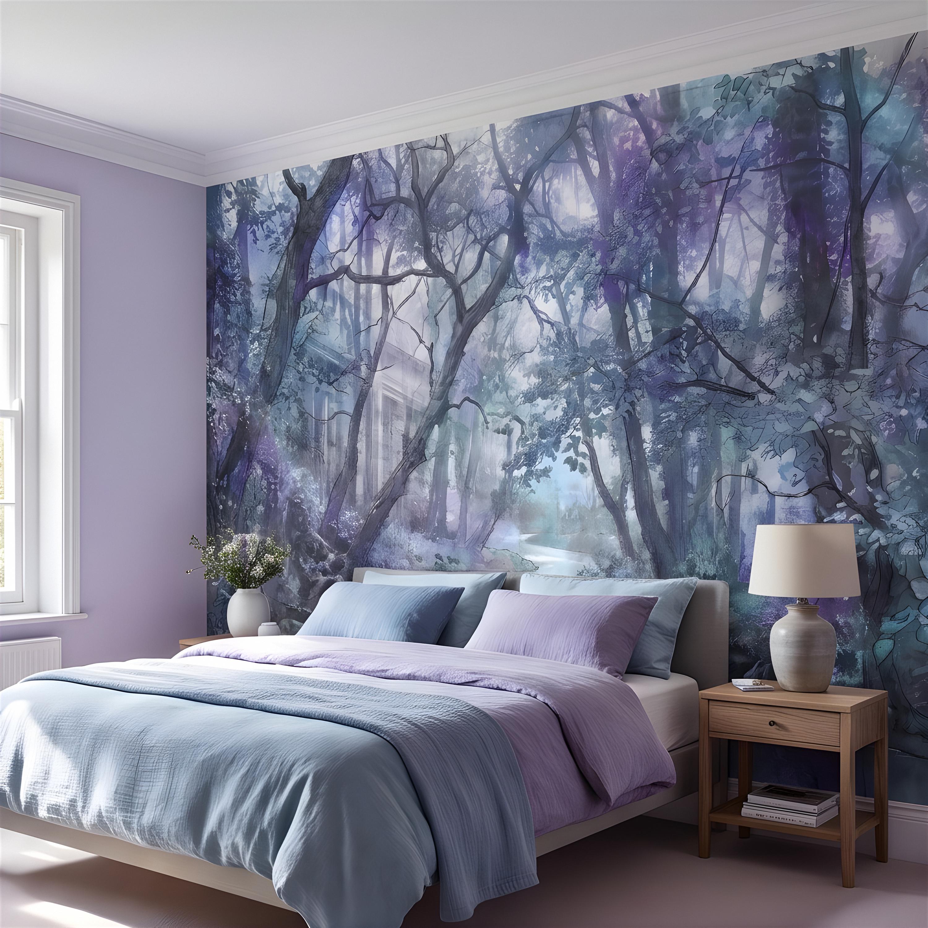 Enchanted Forest Peel and Stick Wall Mural, Misty Woodland Stream, Ethereal Fantasy Landscape, Watercolor Nature Wallpaper