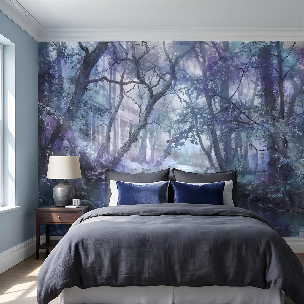 Enchanted Forest Peel and Stick Wall Mural, Misty Woodland Stream, Ethereal Fantasy Landscape, Watercolor Nature Wallpaper