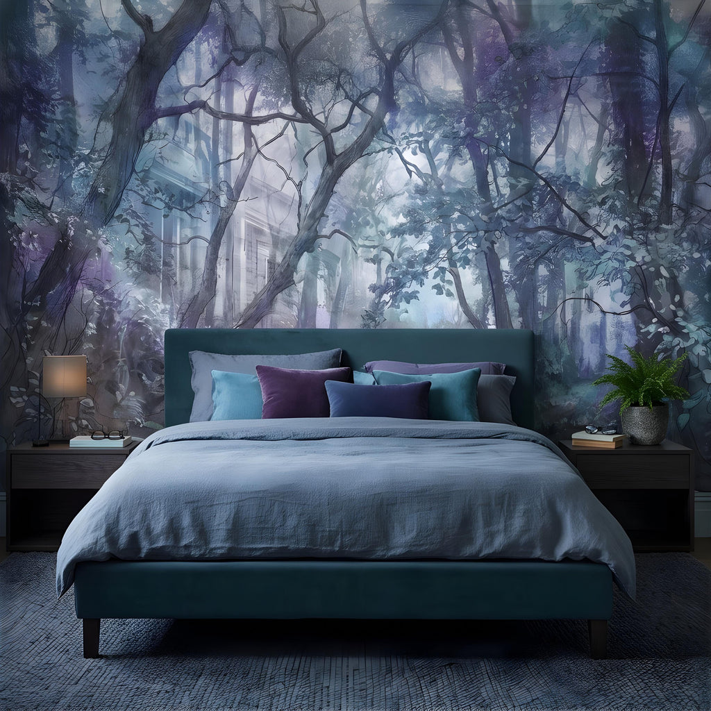 Enchanted Forest Peel and Stick Wall Mural, Misty Woodland Stream, Ethereal Fantasy Landscape, Watercolor Nature Wallpaper