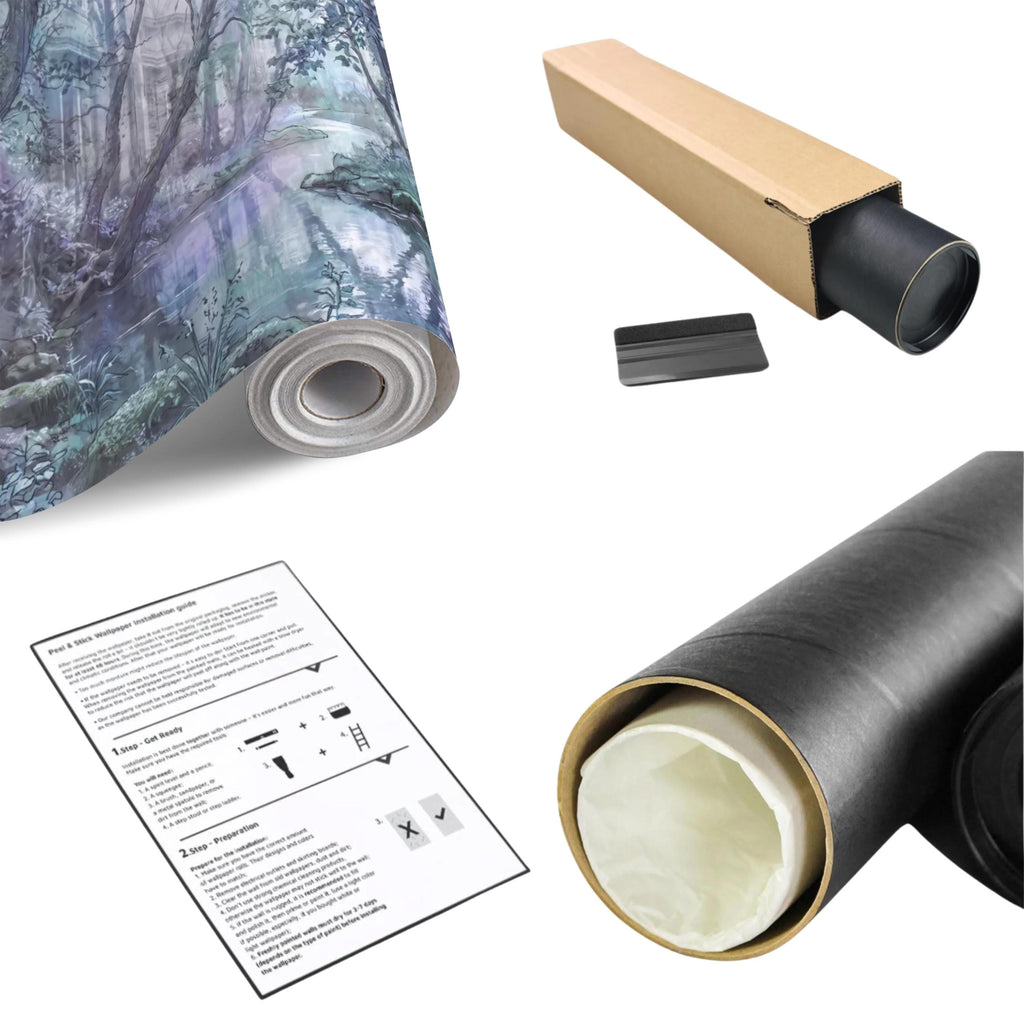 Enchanted Forest Peel and Stick Wall Mural, Misty Woodland Stream, Ethereal Fantasy Landscape, Watercolor Nature Wallpaper