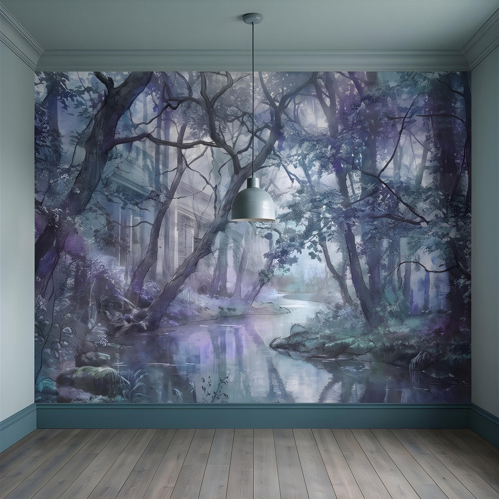 Enchanted Forest Peel and Stick Wall Mural, Misty Woodland Stream, Ethereal Fantasy Landscape, Watercolor Nature Wallpaper