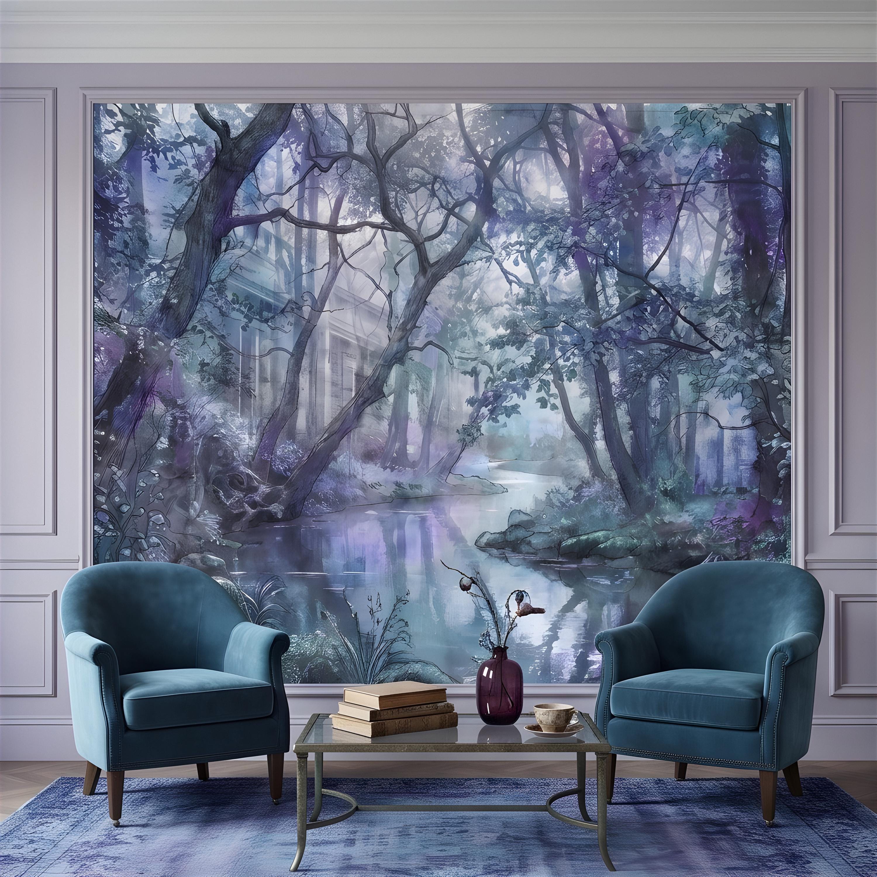 Enchanted Forest Peel and Stick Wall Mural, Misty Woodland Stream, Ethereal Fantasy Landscape, Watercolor Nature Wallpaper