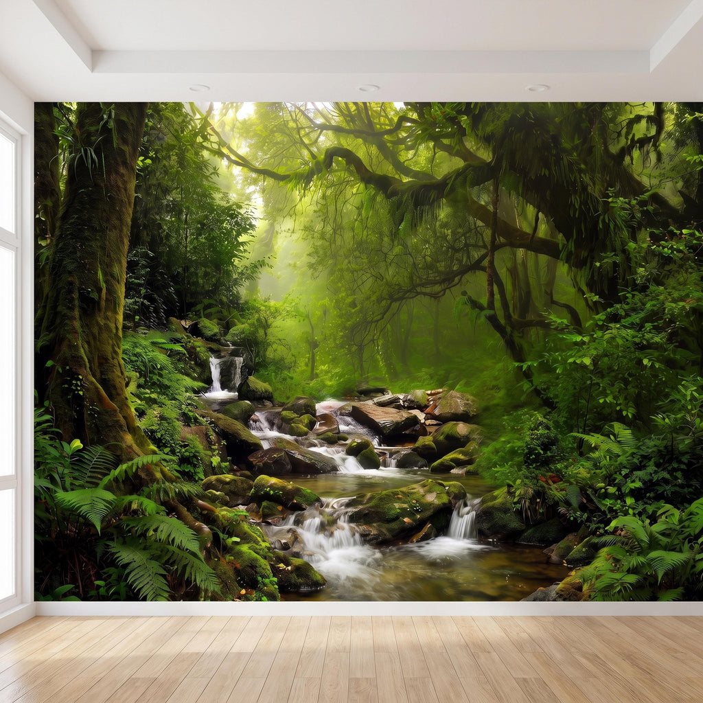 Rainforest Waterfall Peel and Stick Wall Mural, Tropical Forest Stream Lush Jungle Landscape Wallpaper