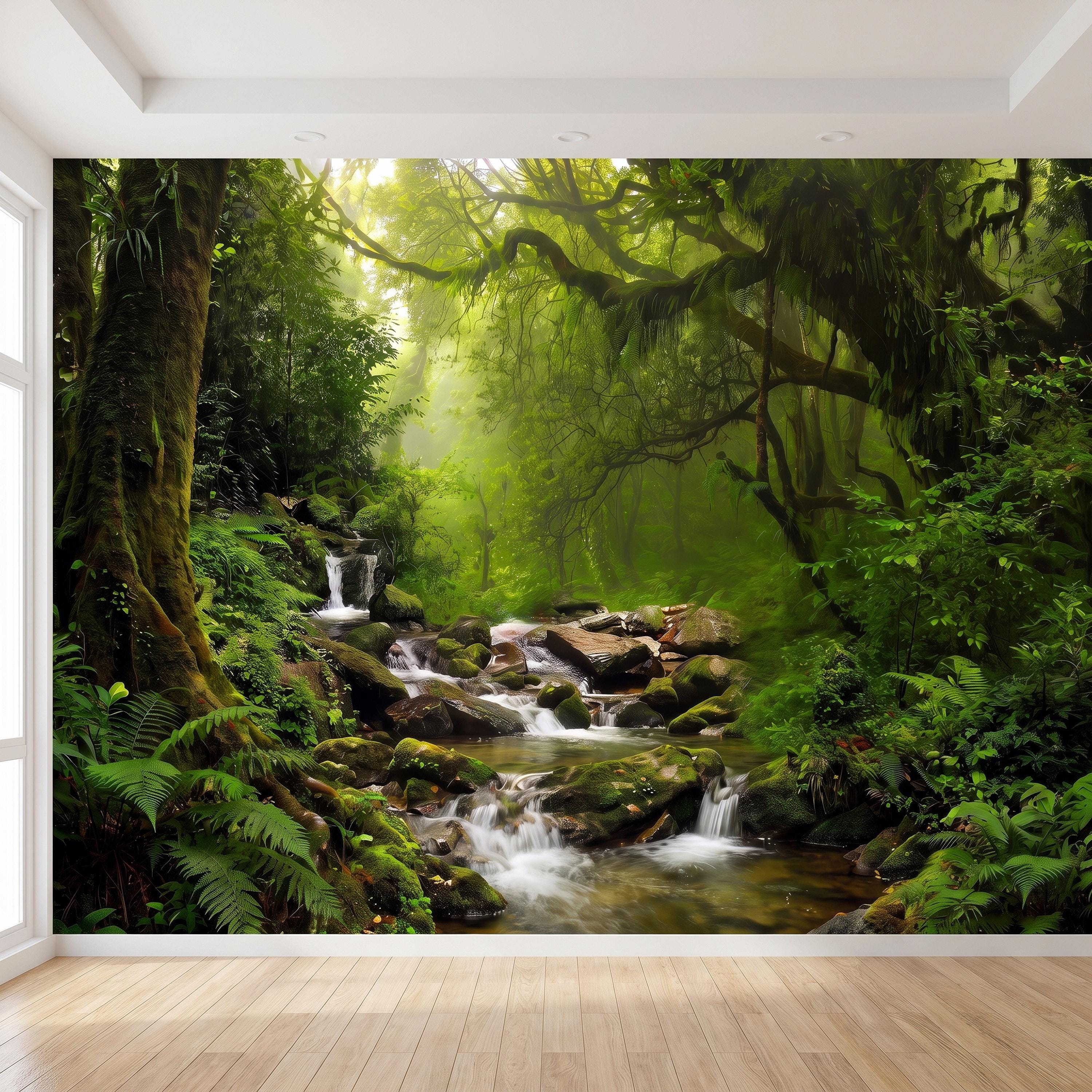 Rainforest Waterfall Peel and Stick Wall Mural, Tropical Forest Stream Lush Jungle Landscape Wallpaper
