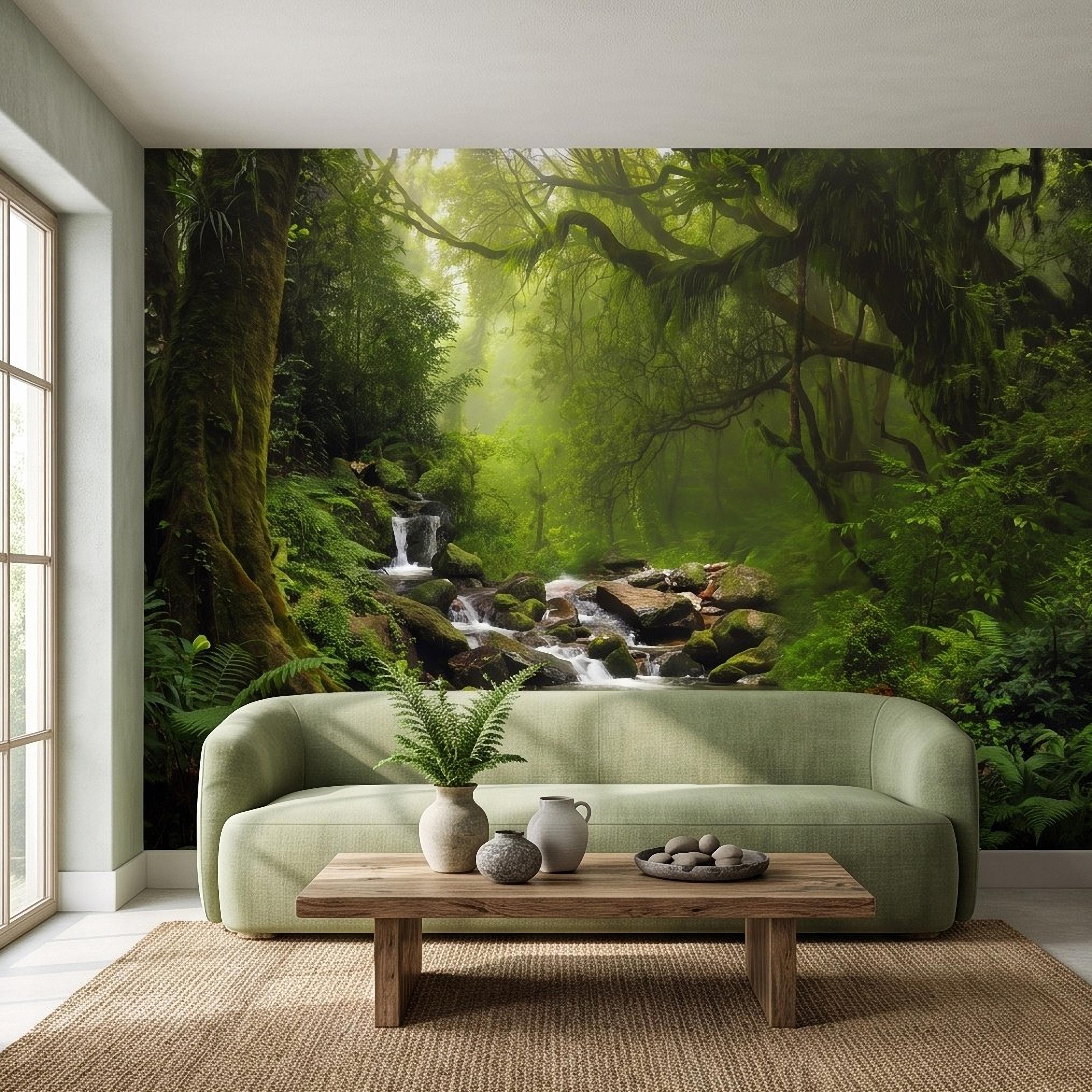 Rainforest Waterfall Peel and Stick Wall Mural, Tropical Forest Stream Lush Jungle Landscape Wallpaper