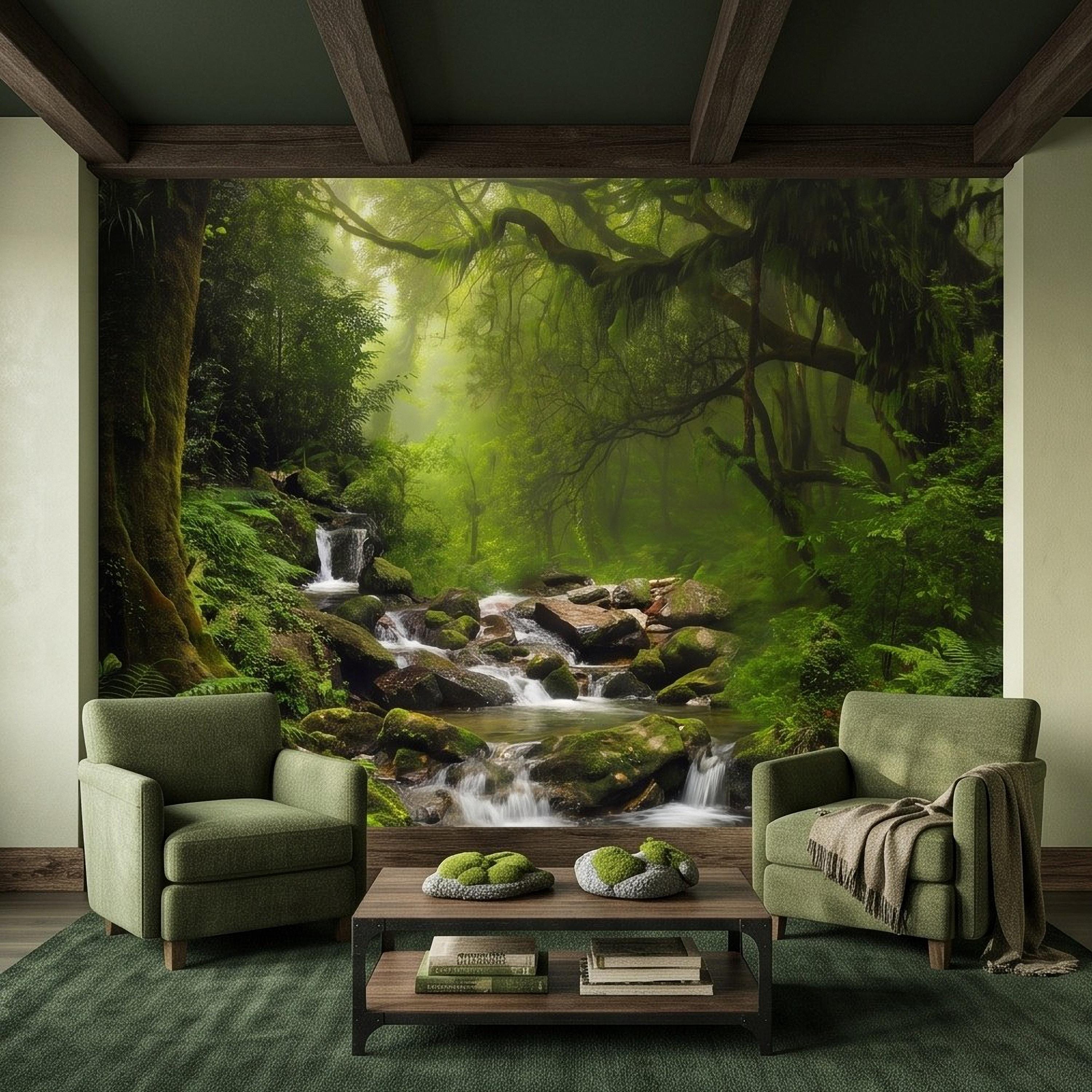 Rainforest Waterfall Peel and Stick Wall Mural, Tropical Forest Stream Lush Jungle Landscape Wallpaper