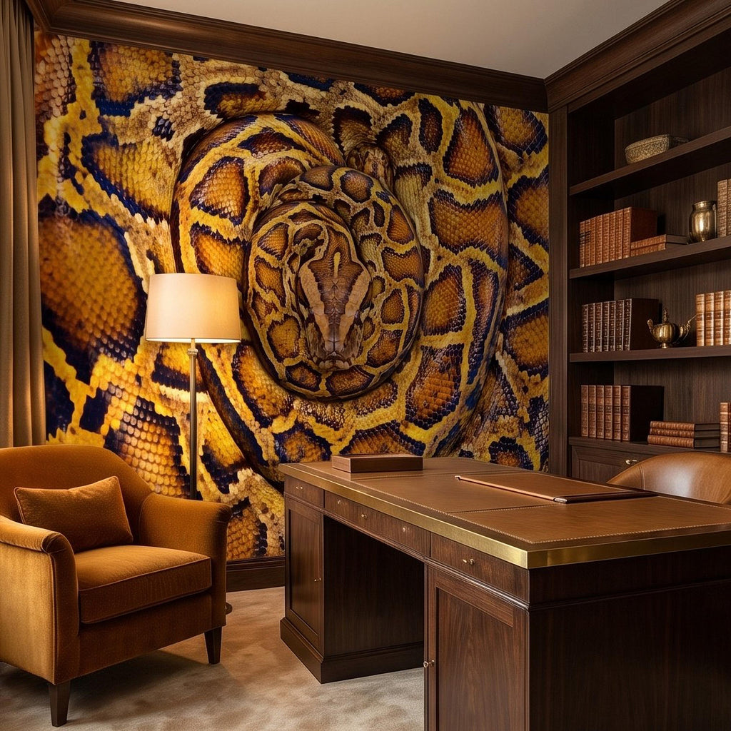 Ball Python Peel and Stick Wall Mural, Coiled Snake Portrait Exotic Reptile Skin Texture Wildlife Wallpaper