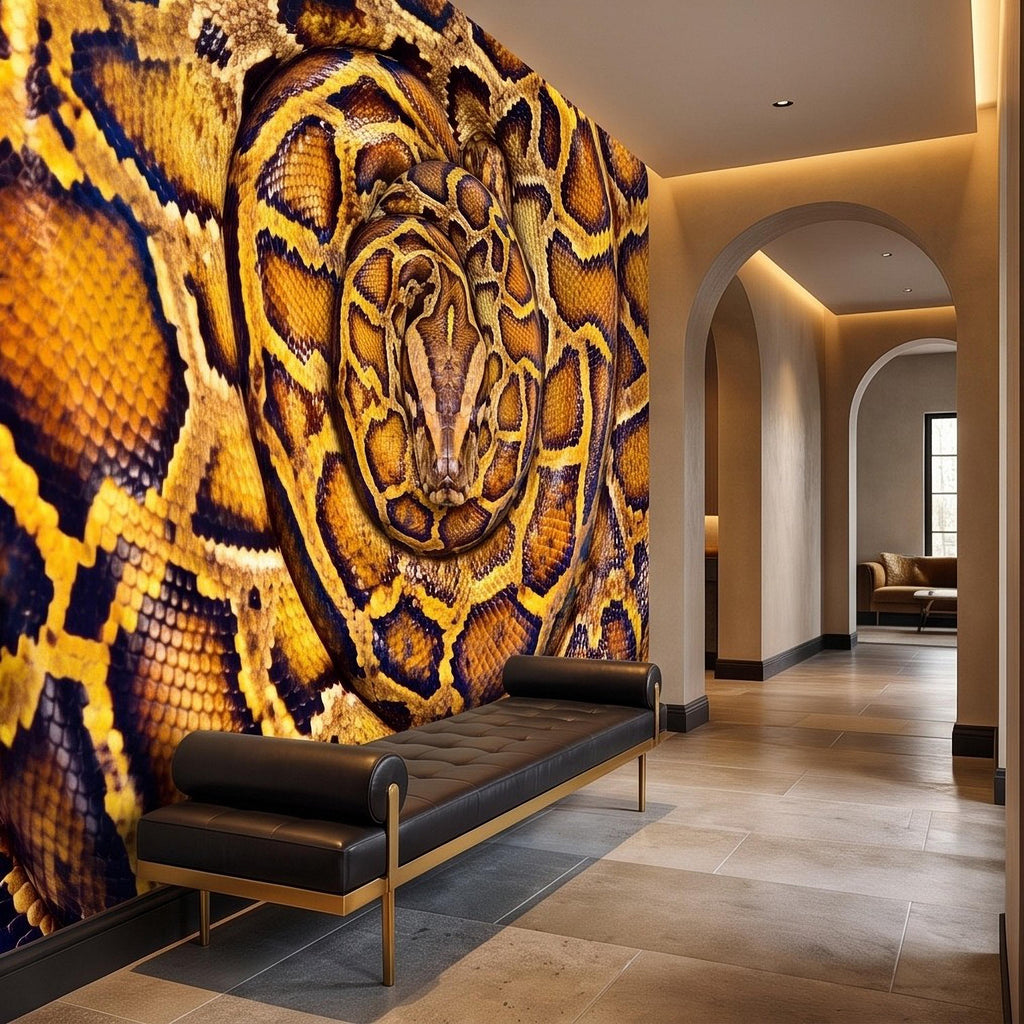 Ball Python Peel and Stick Wall Mural, Coiled Snake Portrait Exotic Reptile Skin Texture Wildlife Wallpaper