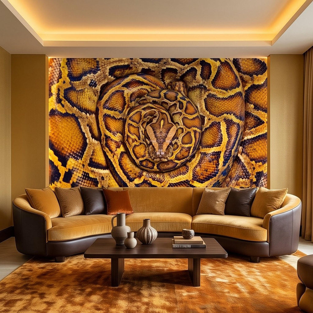 Ball Python Peel and Stick Wall Mural, Coiled Snake Portrait Exotic Reptile Skin Texture Wildlife Wallpaper