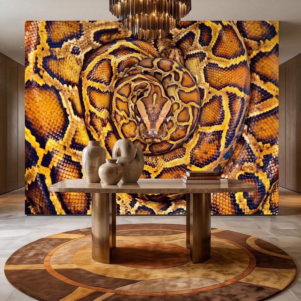 Ball Python Peel and Stick Wall Mural, Coiled Snake Portrait Exotic Reptile Skin Texture Wildlife Wallpaper