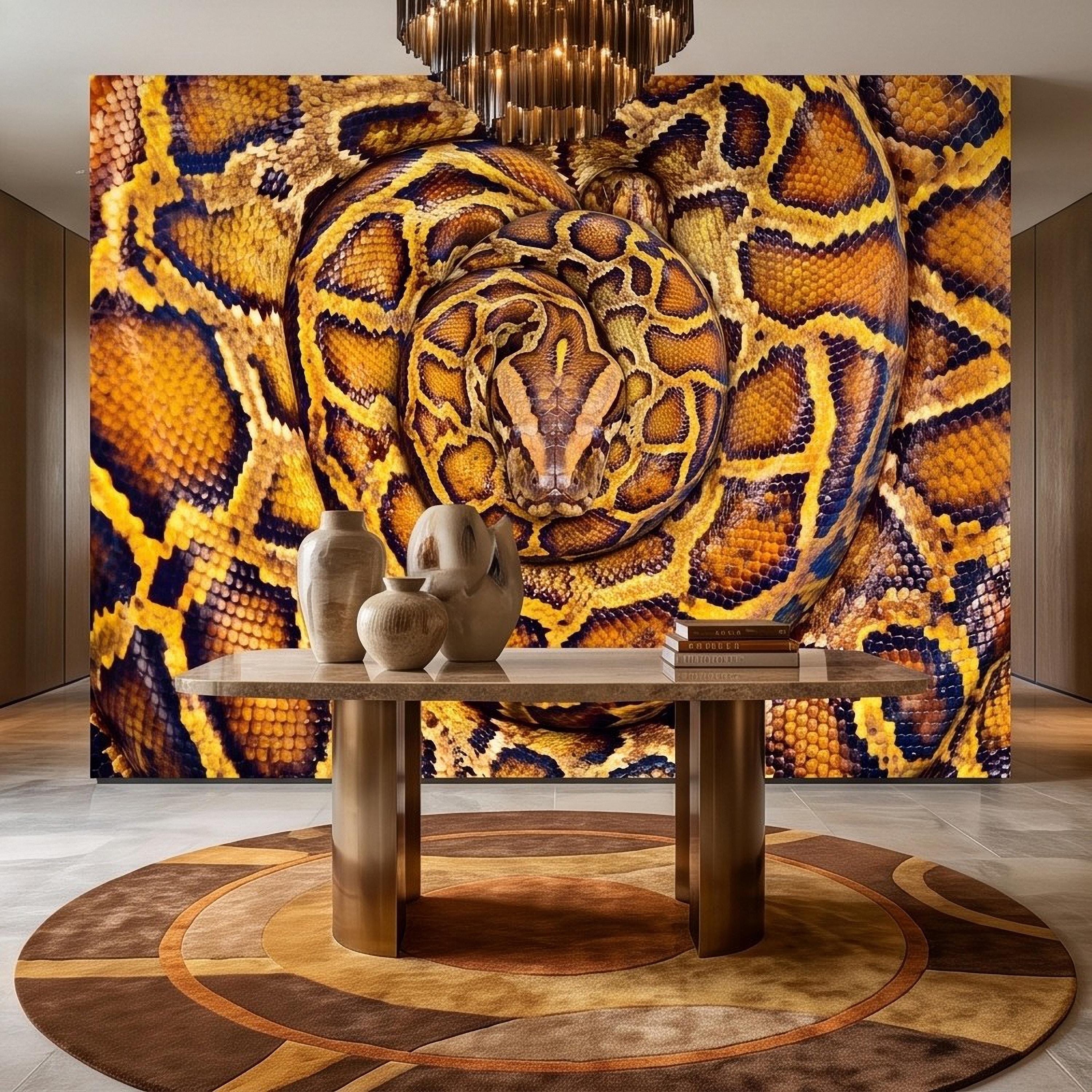 Ball Python Peel and Stick Wall Mural, Coiled Snake Portrait Exotic Reptile Skin Texture Wildlife Wallpaper