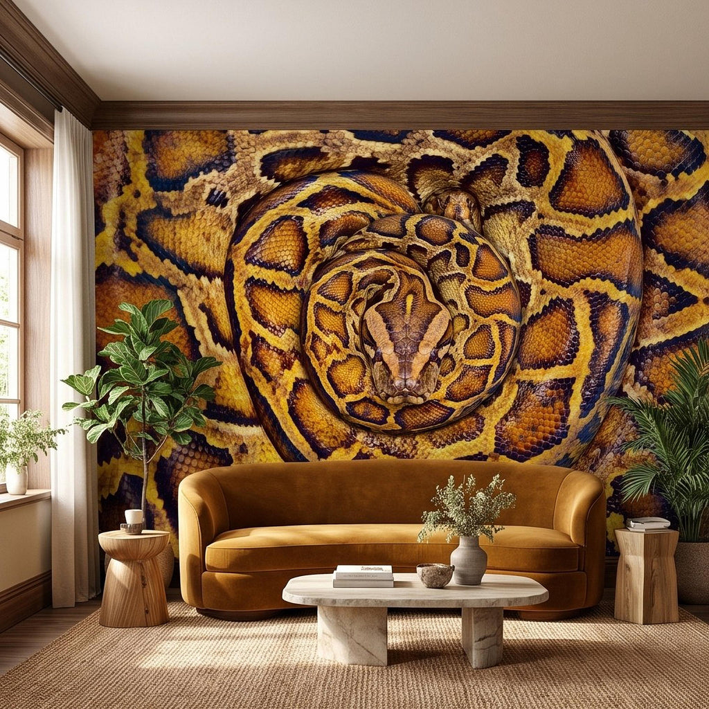 Ball Python Peel and Stick Wall Mural, Coiled Snake Portrait Exotic Reptile Skin Texture Wildlife Wallpaper
