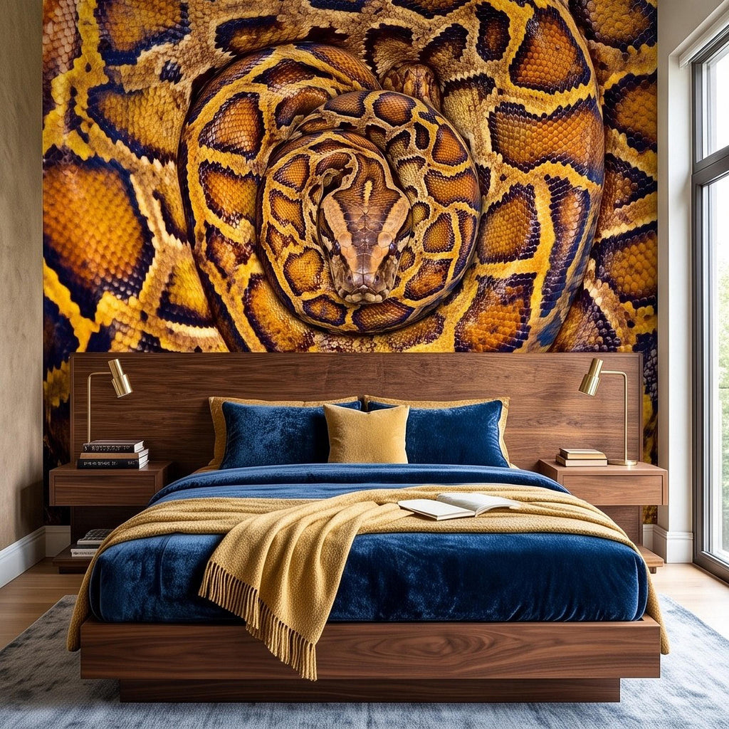 Ball Python Peel and Stick Wall Mural, Coiled Snake Portrait Exotic Reptile Skin Texture Wildlife Wallpaper