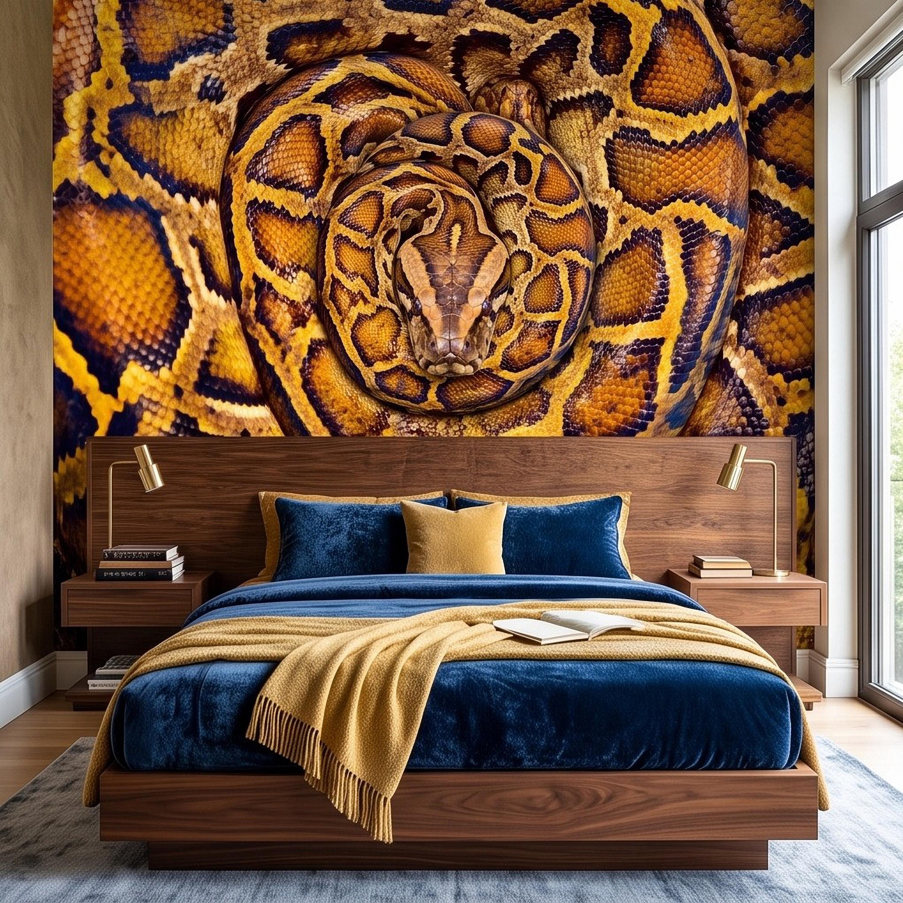 Ball Python Peel and Stick Wall Mural, Coiled Snake Portrait Exotic Reptile Skin Texture Wildlife Wallpaper