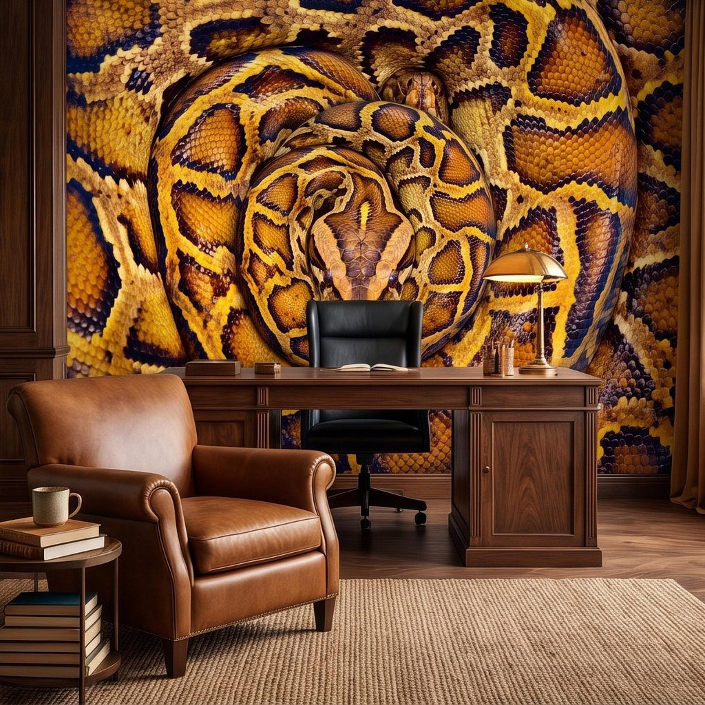 Ball Python Peel and Stick Wall Mural, Coiled Snake Portrait Exotic Reptile Skin Texture Wildlife Wallpaper