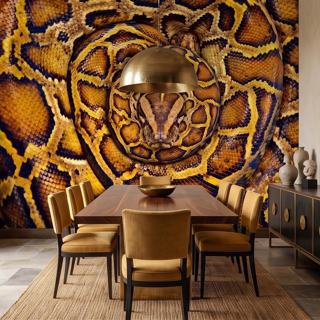 Ball Python Peel and Stick Wall Mural, Coiled Snake Portrait Exotic Reptile Skin Texture Wildlife Wallpaper