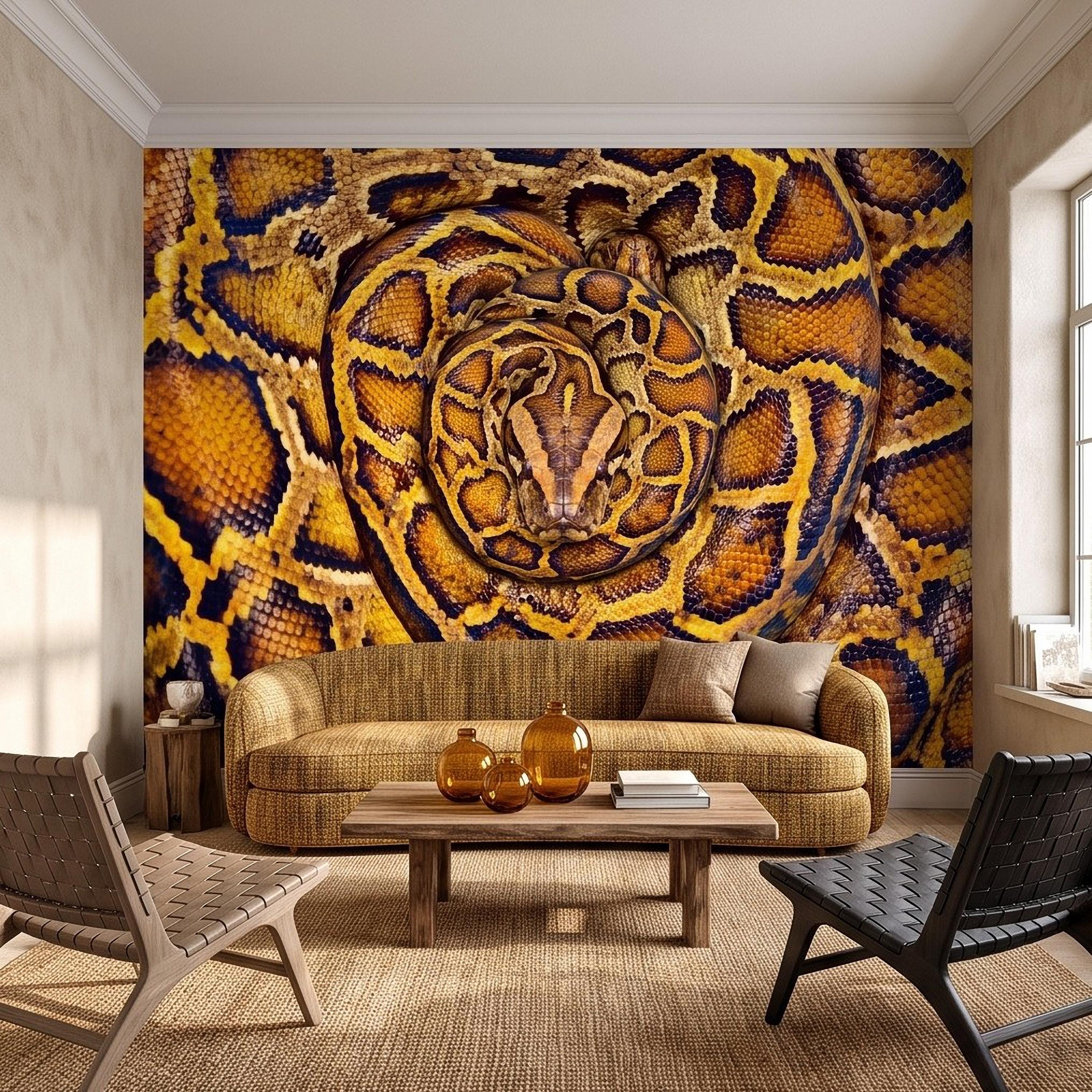 Ball Python Peel and Stick Wall Mural, Coiled Snake Portrait Exotic Reptile Skin Texture Wildlife Wallpaper