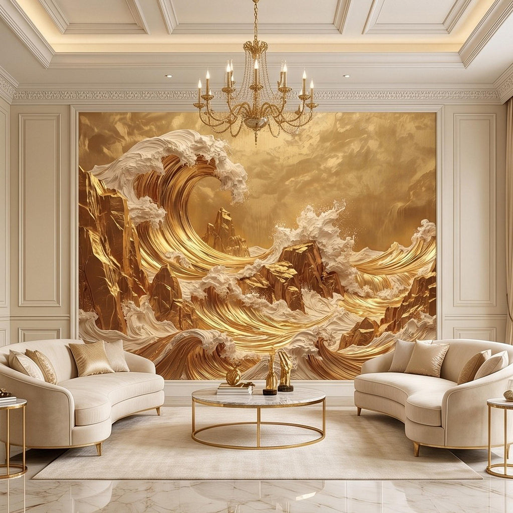 Great Wave Inspired Peel and Stick Wall Mural, Golden Ocean Waves Luxury Abstract Seascape Wallpaper