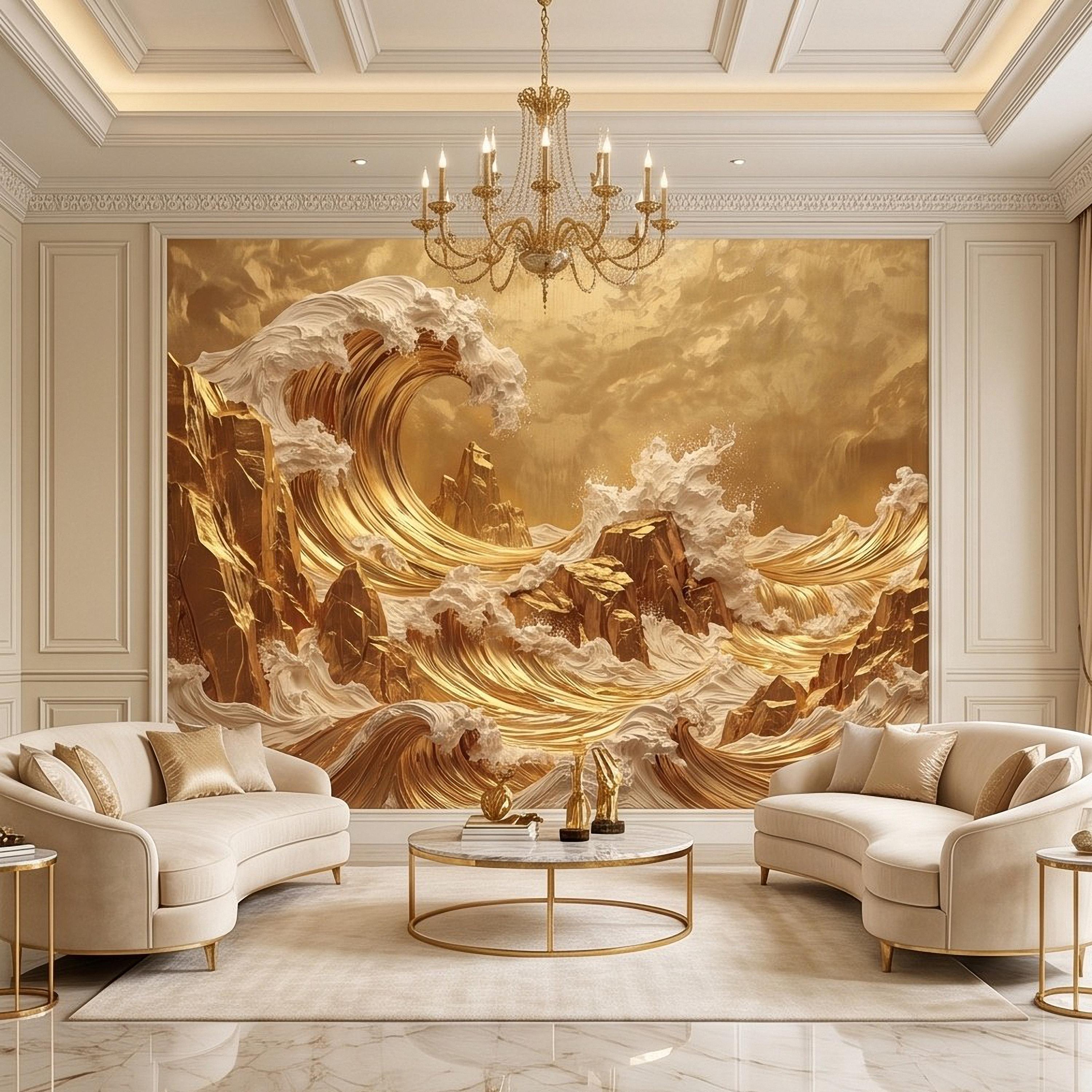 Great Wave Inspired Peel and Stick Wall Mural, Golden Ocean Waves Luxury Abstract Seascape Wallpaper
