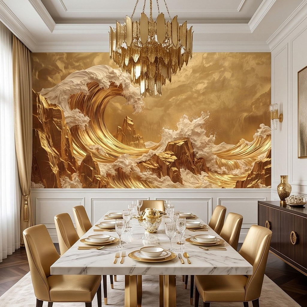 Great Wave Inspired Peel and Stick Wall Mural, Golden Ocean Waves Luxury Abstract Seascape Wallpaper