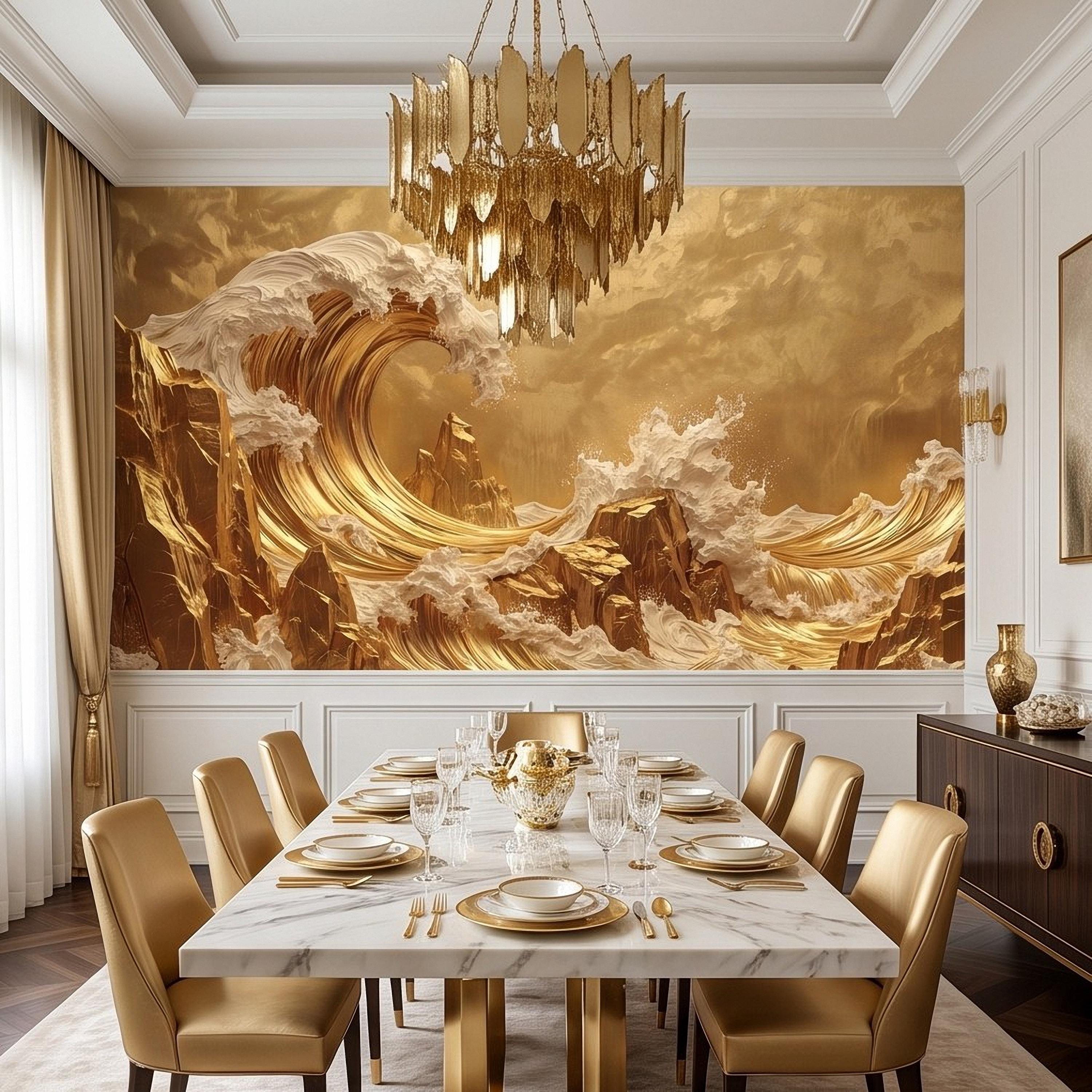 Great Wave Inspired Peel and Stick Wall Mural, Golden Ocean Waves Luxury Abstract Seascape Wallpaper