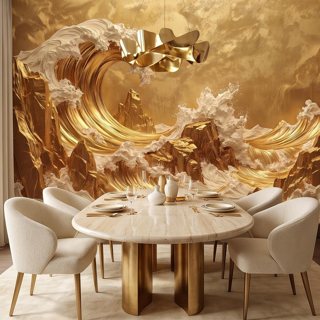 Great Wave Inspired Peel and Stick Wall Mural, Golden Ocean Waves Luxury Abstract Seascape Wallpaper