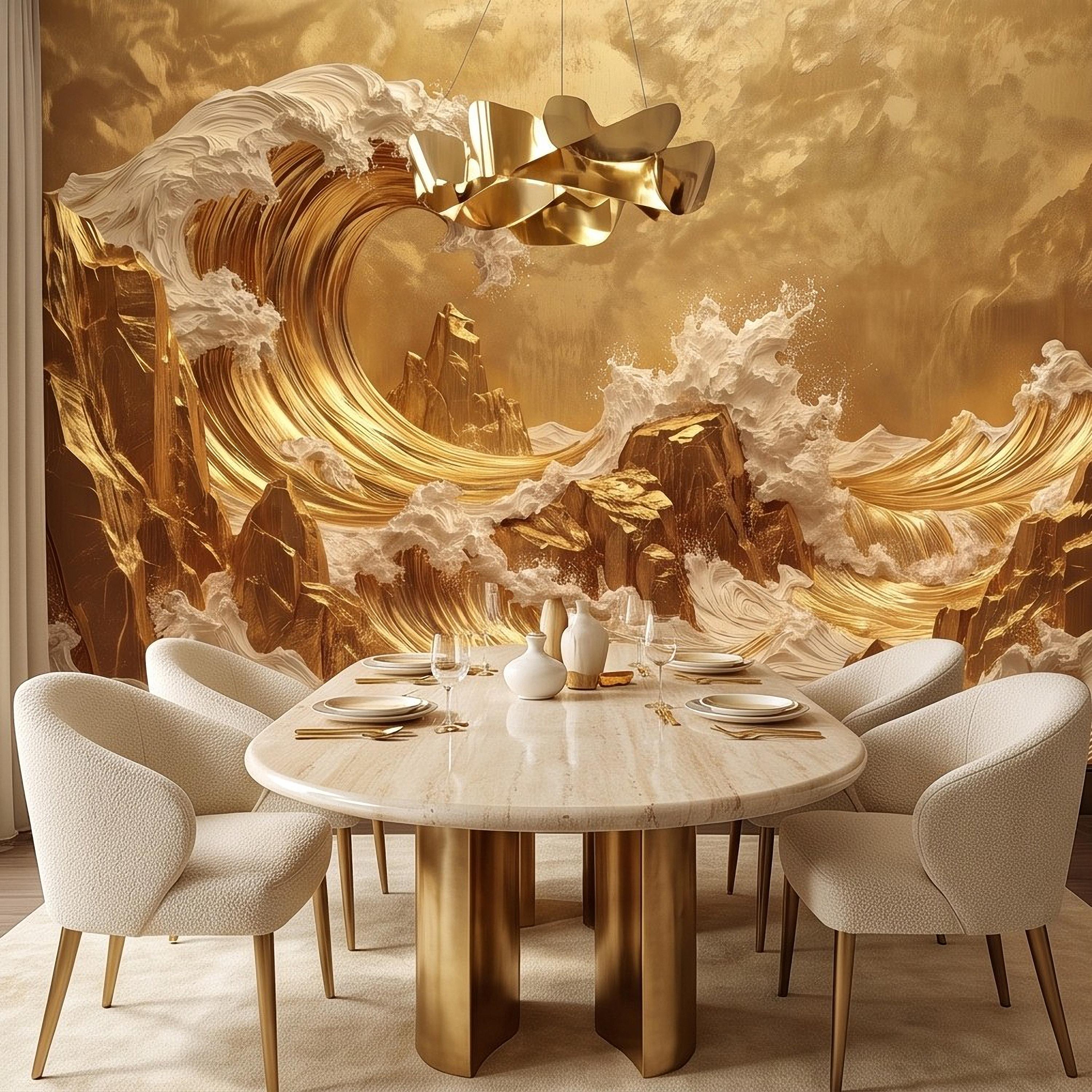 Great Wave Inspired Peel and Stick Wall Mural, Golden Ocean Waves Luxury Abstract Seascape Wallpaper
