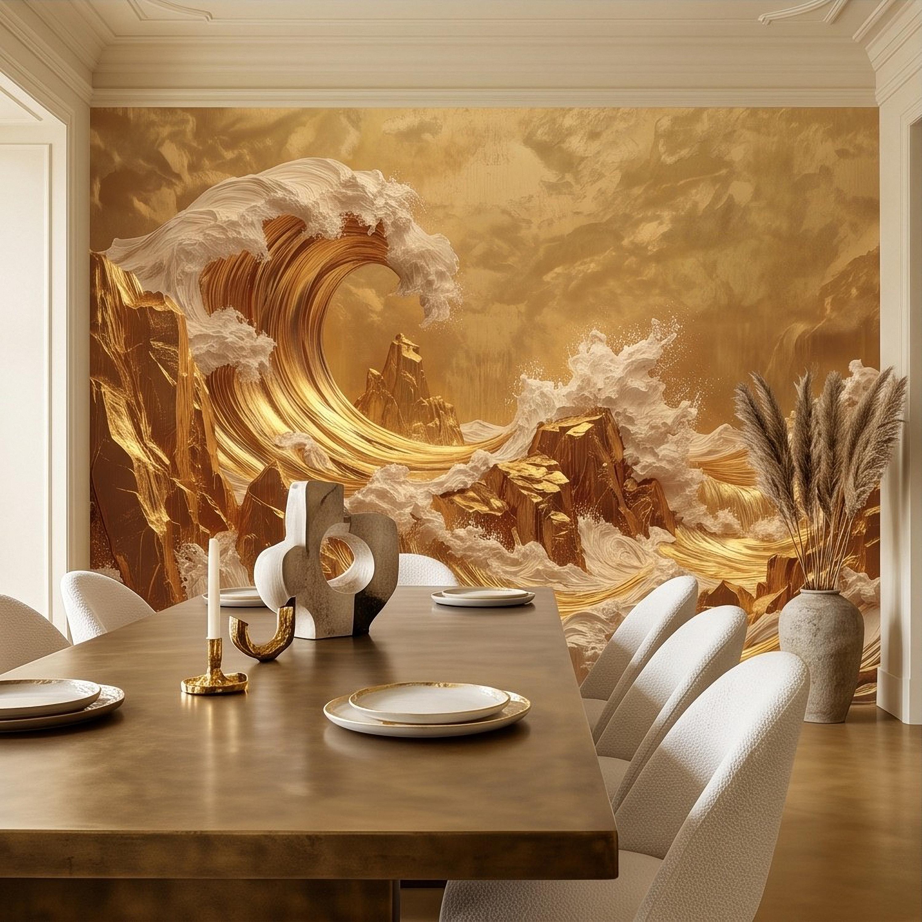Great Wave Inspired Peel and Stick Wall Mural, Golden Ocean Waves Luxury Abstract Seascape Wallpaper