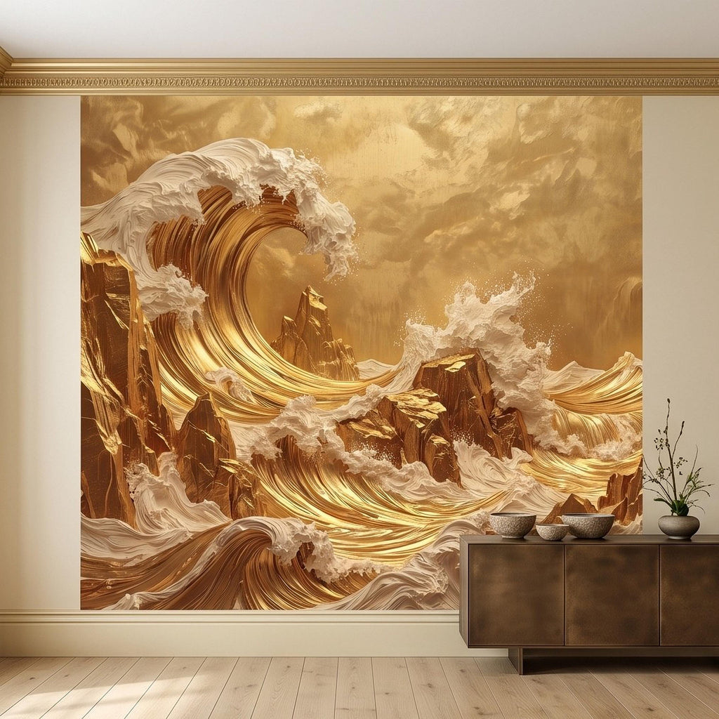 Great Wave Inspired Peel and Stick Wall Mural, Golden Ocean Waves Luxury Abstract Seascape Wallpaper