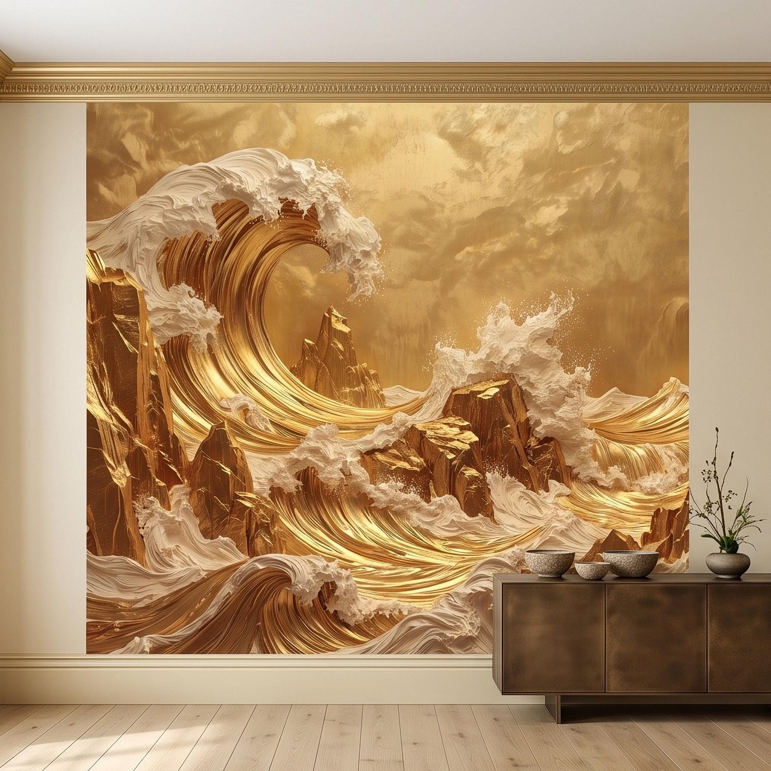 Great Wave Inspired Peel and Stick Wall Mural, Golden Ocean Waves Luxury Abstract Seascape Wallpaper