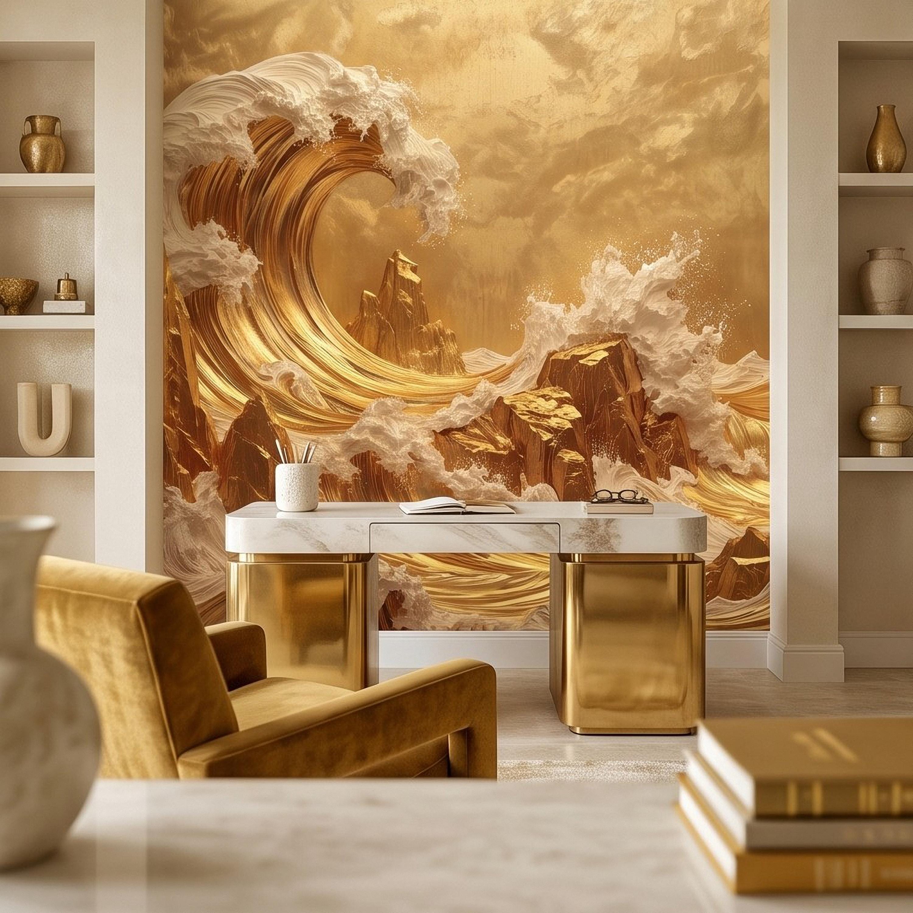 Great Wave Inspired Peel and Stick Wall Mural, Golden Ocean Waves Luxury Abstract Seascape Wallpaper