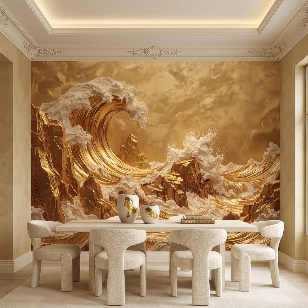 Great Wave Inspired Peel and Stick Wall Mural, Golden Ocean Waves Luxury Abstract Seascape Wallpaper