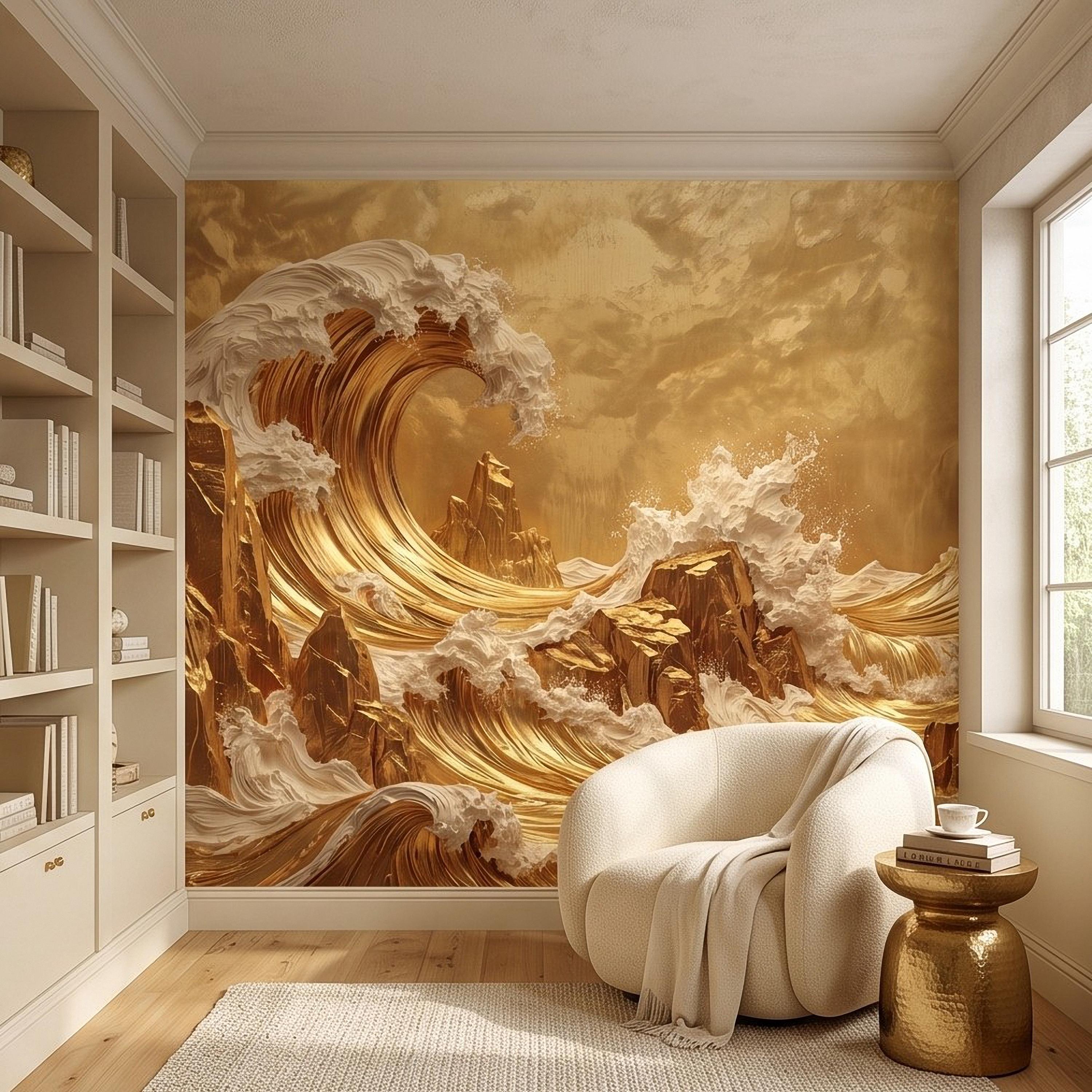 Great Wave Inspired Peel and Stick Wall Mural, Golden Ocean Waves Luxury Abstract Seascape Wallpaper