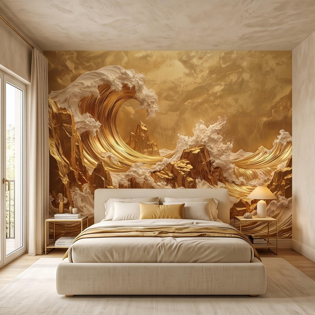 Great Wave Inspired Peel and Stick Wall Mural, Golden Ocean Waves Luxury Abstract Seascape Wallpaper