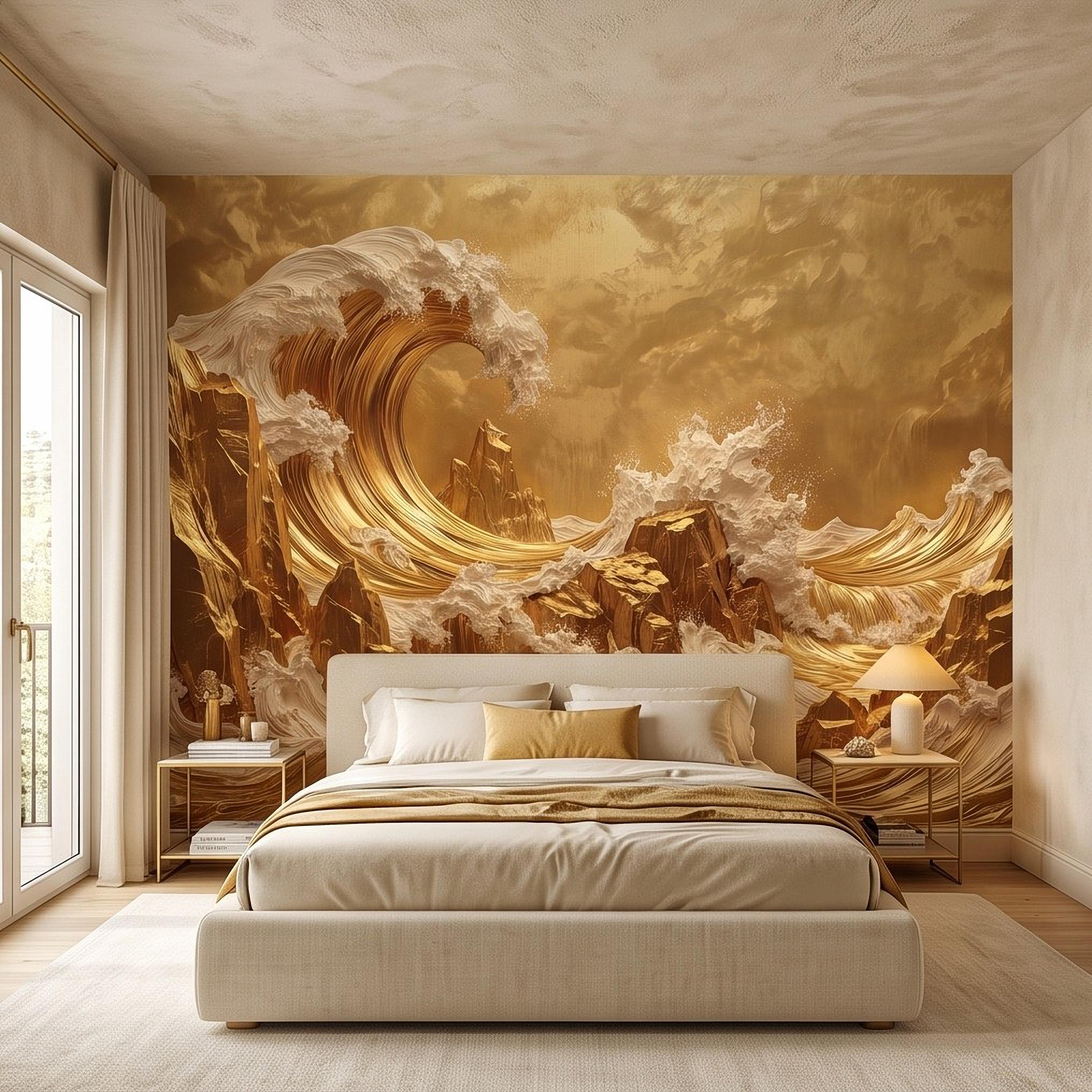 Great Wave Inspired Peel and Stick Wall Mural, Golden Ocean Waves Luxury Abstract Seascape Wallpaper
