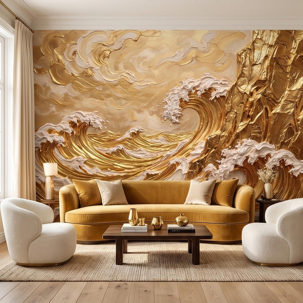 Great Wave Inspired Peel and Stick Wall Mural, Golden Ocean Waves Coastal Cliffs Luxury Seascape Wallpaper